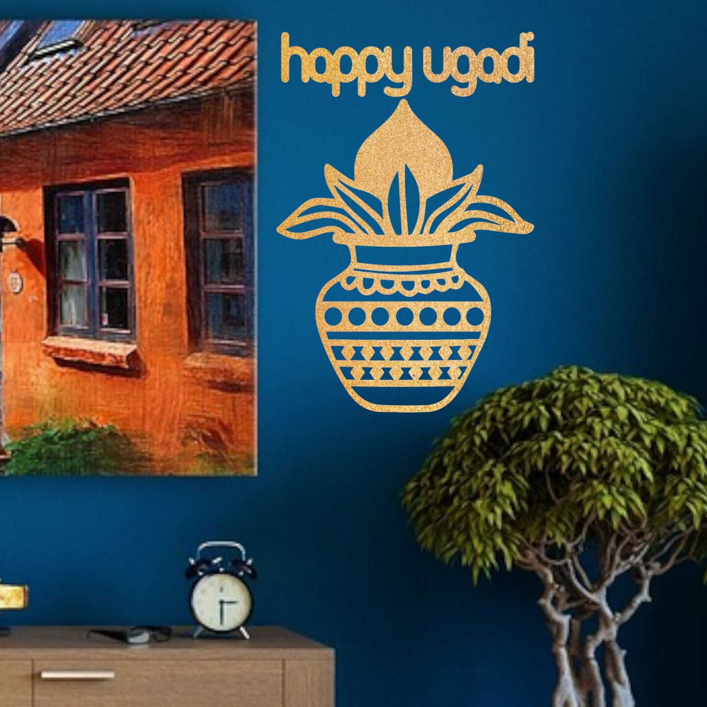 Ugadi Wall Decor Mangal Kalash Happy Ugadi Text Sticker Decorative ...