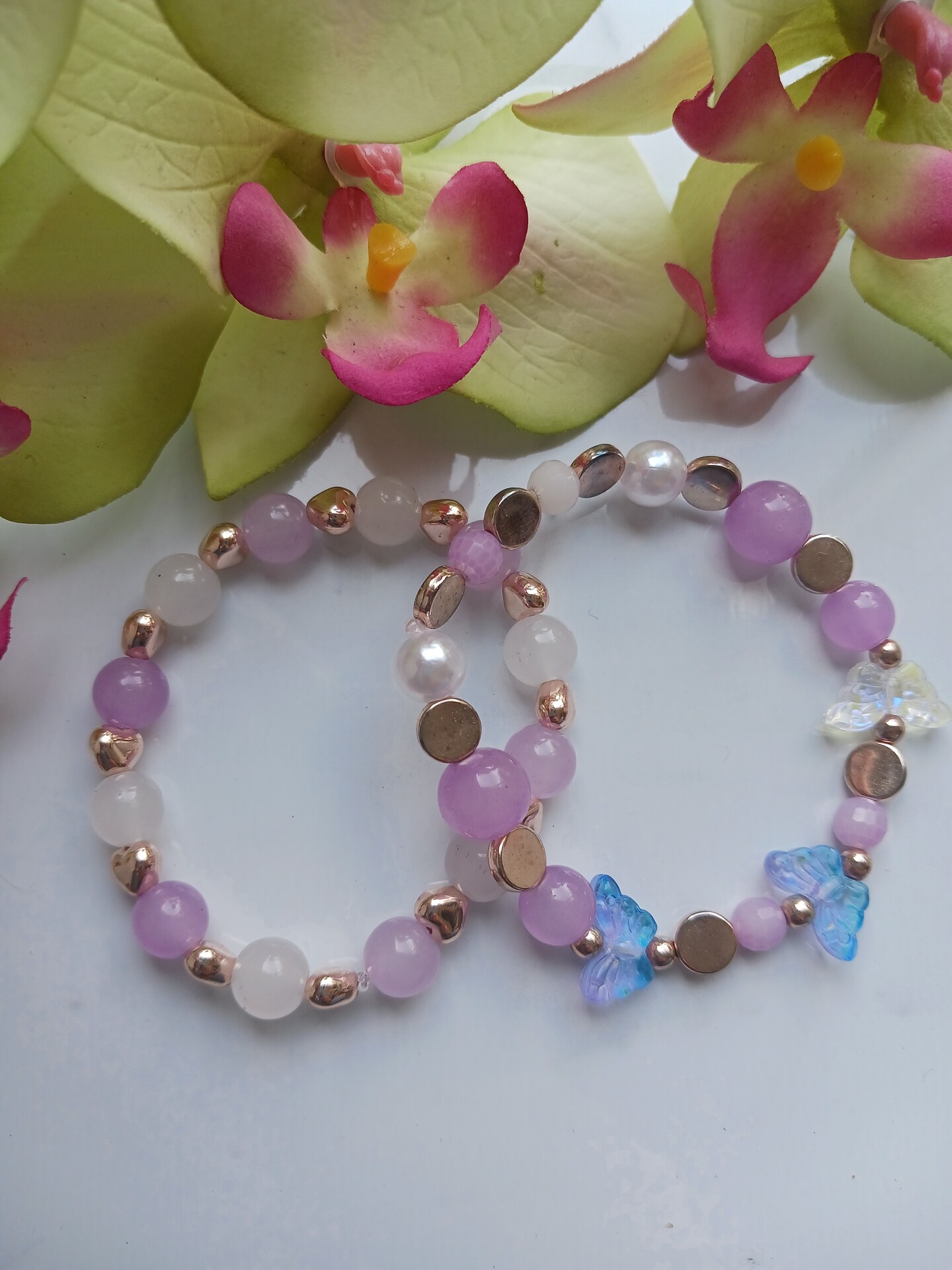 Purple Butterfly Glass Beaded Stretch Bracelet