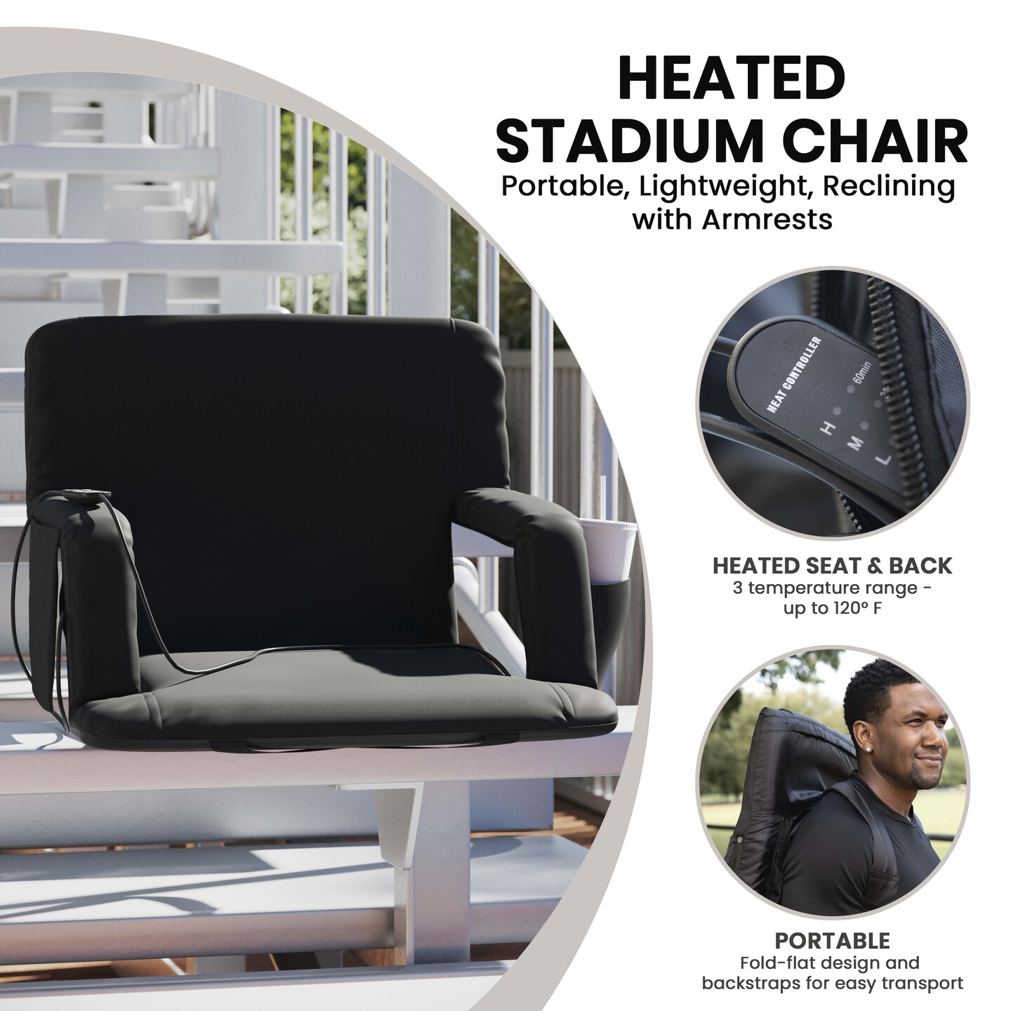 Emma and Oliver Mikki Extra Wide Portable Heated Reclining Stadium Chair w/Armrests, Padded Back &#x26; Heated Seat w/Dual Storage Pockets and Backpack Straps