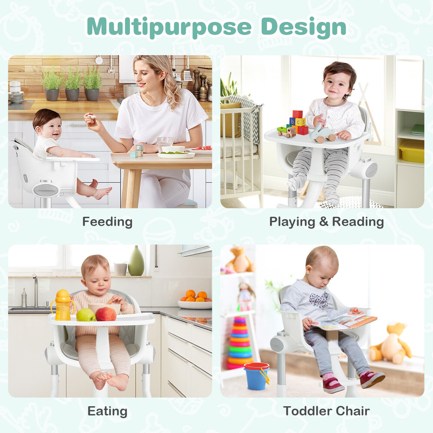 4-in-1 Convertible Baby High Chair with Aluminum Frame-Grey