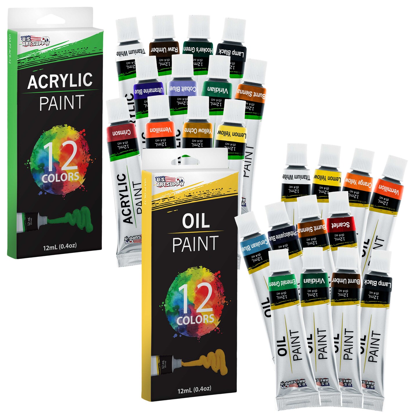 U.S. Art Supply 62-Piece Artist Painting Set with Wood Box Easel, 12 Acrylic &#x26; 12 Oil Paint Colors, 12 Oil &#x26; 12 Artist Pastels, 6 Brushes, 2 Canvases