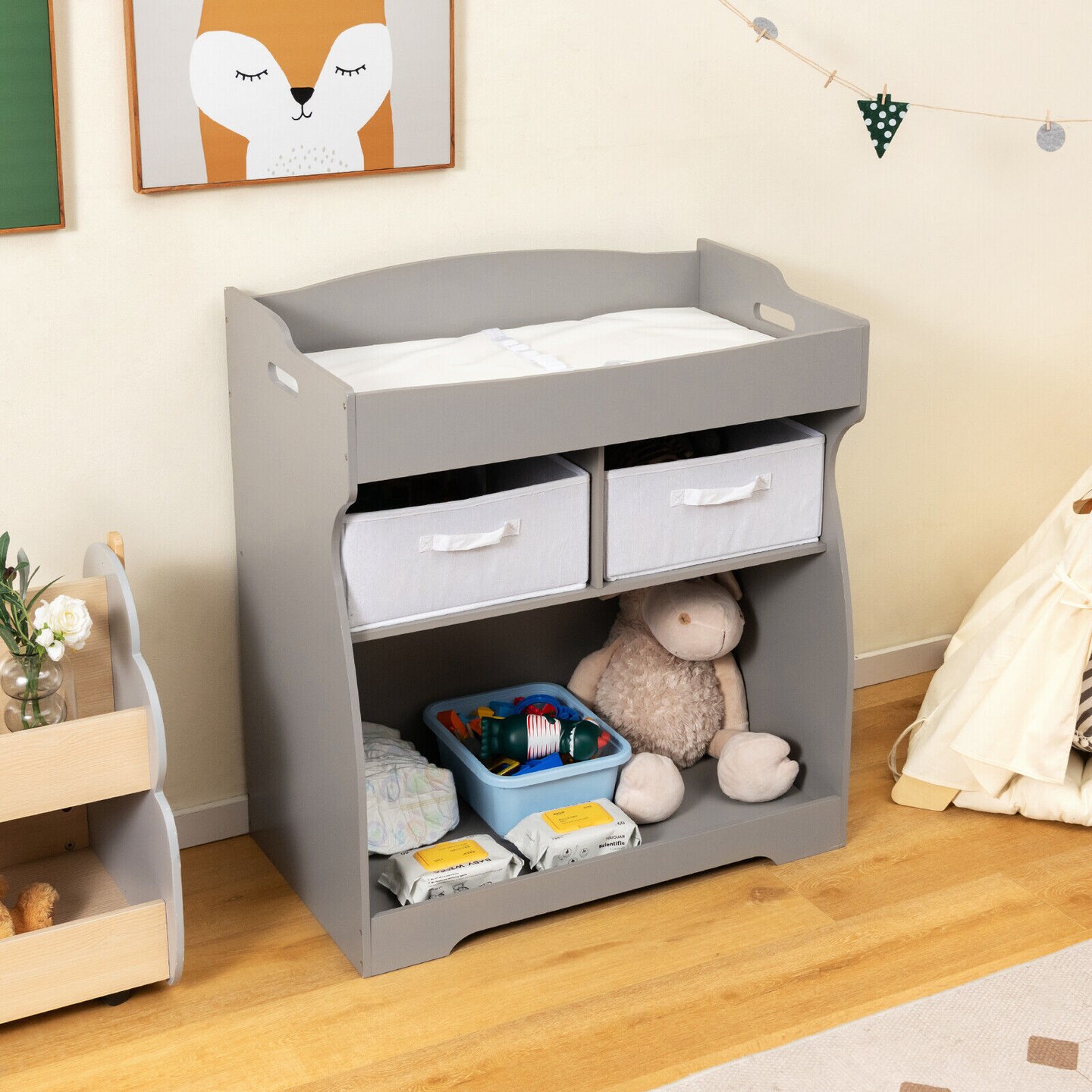 Baby Changing Table with 2 Drawers and Large Storage Bin-grey