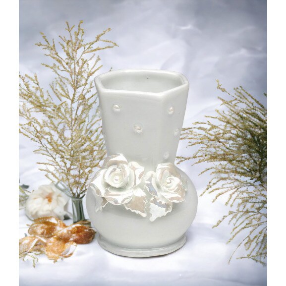 kevinsgiftshoppe Ceramic White Rose Vase Wedding Decor or Gift Anniversary Decor or Gift Home Decor