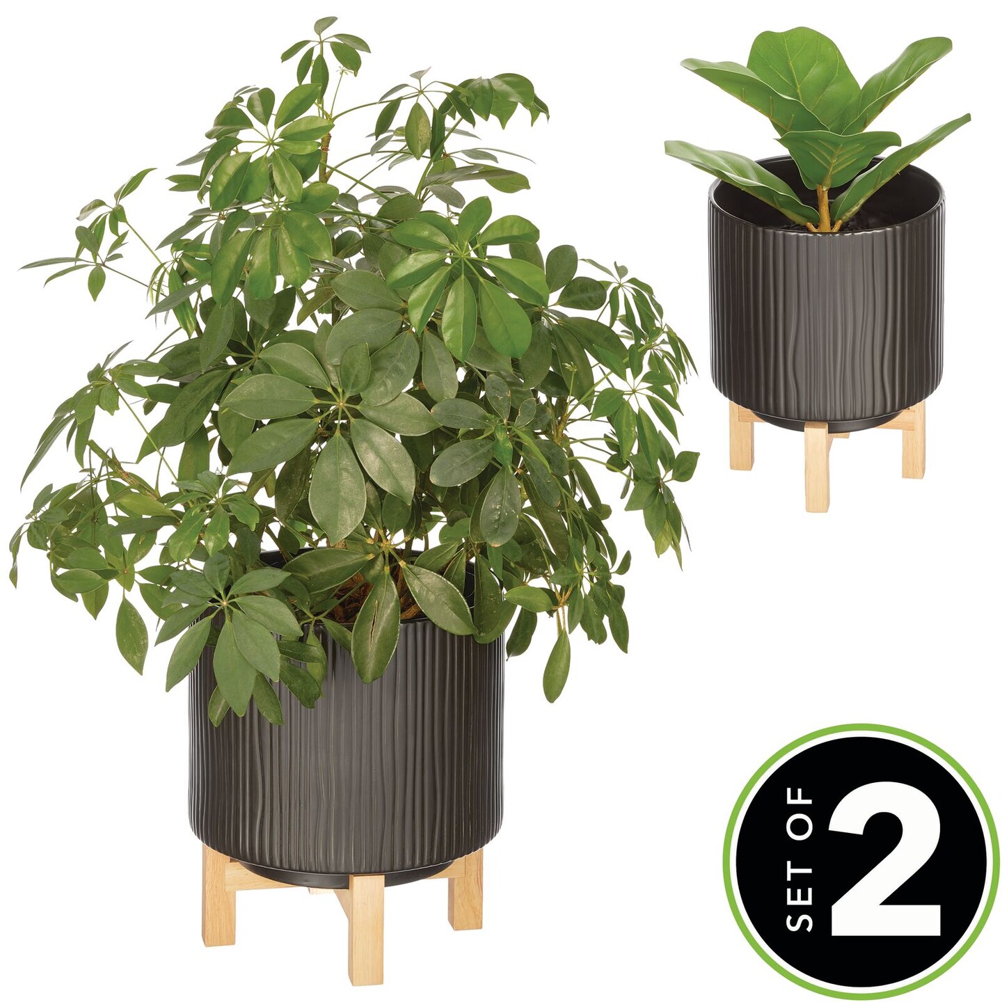 mDesign Ceramic Lines Planter Pot w/ Rubberwood Plant Stand Michaels