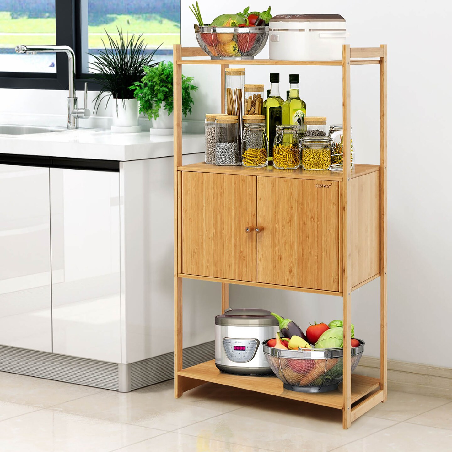 Costway Bamboo Bathroom Freestanding Tall Storage Shelf Unit w/2 Doors & Shelves Michaels