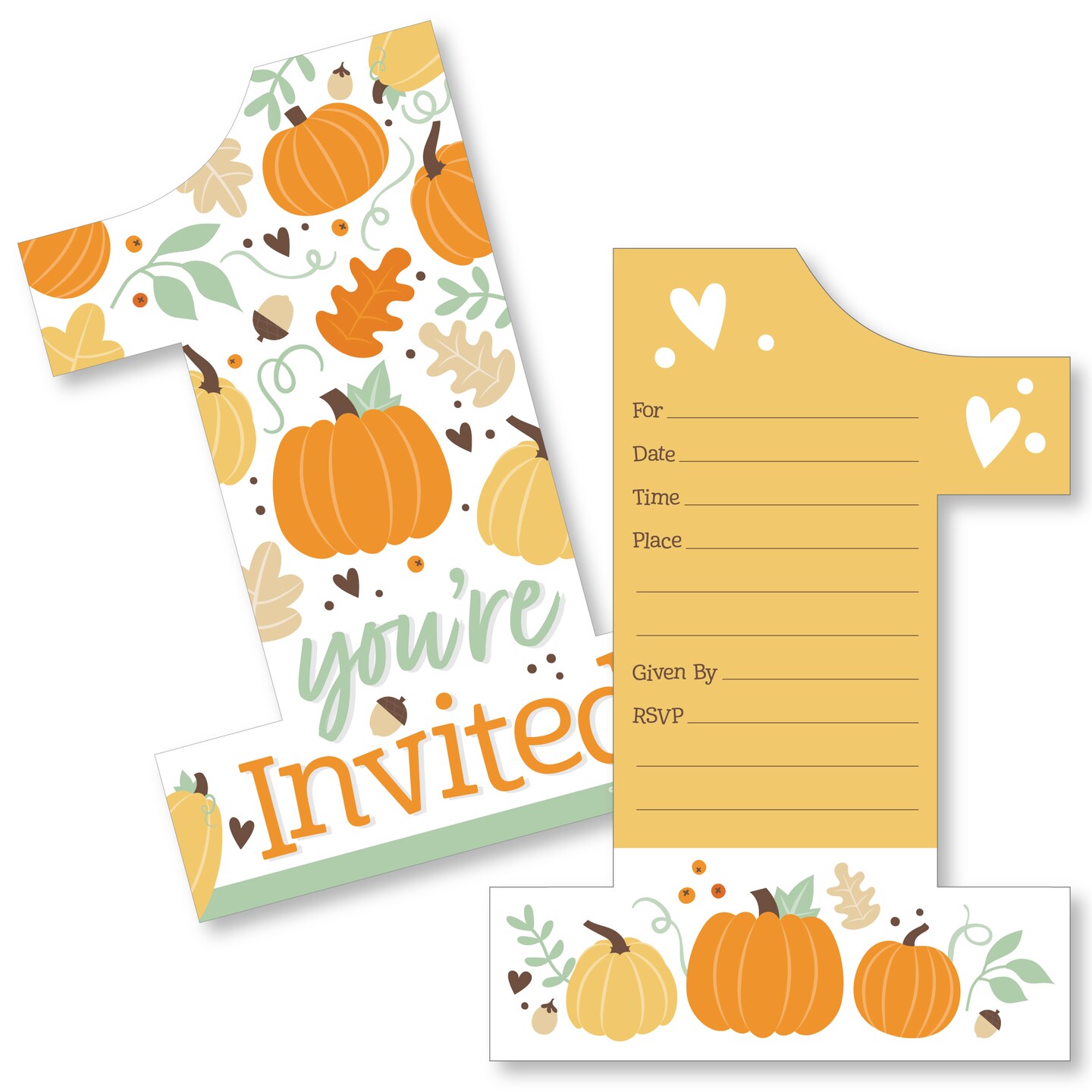 Big Dot of Happiness 1st Birthday Little Pumpkin - Shaped Fill-In Invitations - Fall First Birthday Party Invitation Cards with Envelopes - Set of 12