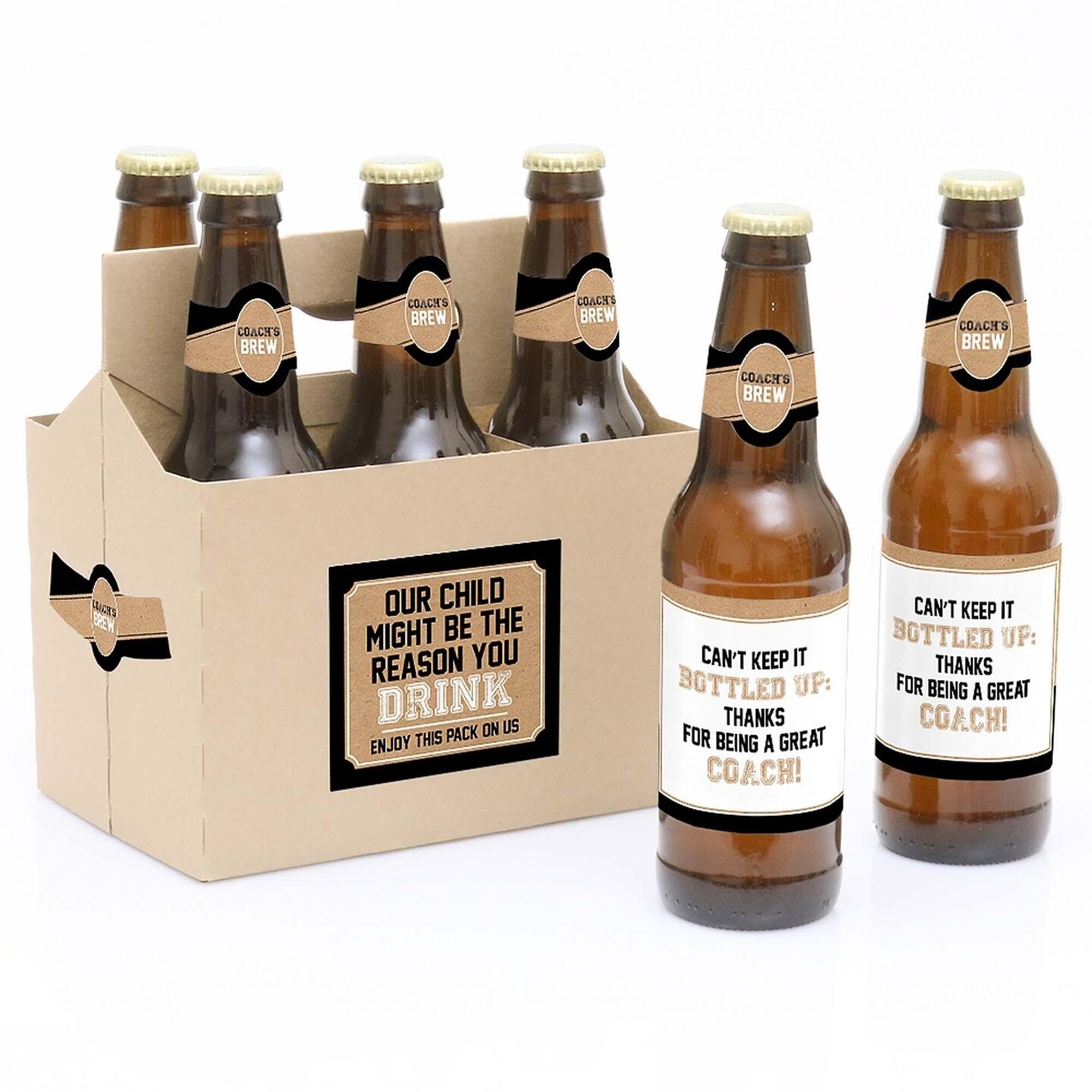 Big Dot of Happiness Coach Appreciation Gift - First Day of School or Christmas Gifts for Women and Men - 6 Beer Bottle Label Stickers and 1 Carrier