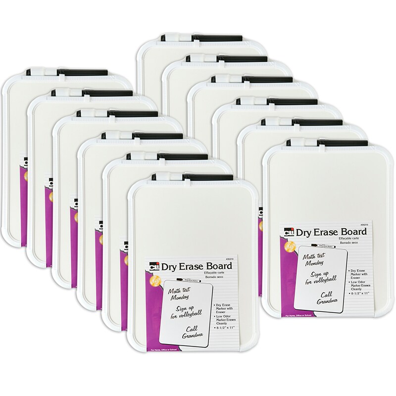 Dry Erase Boards, Framed with Markers &#x26; Eraser, White, Pack of 12