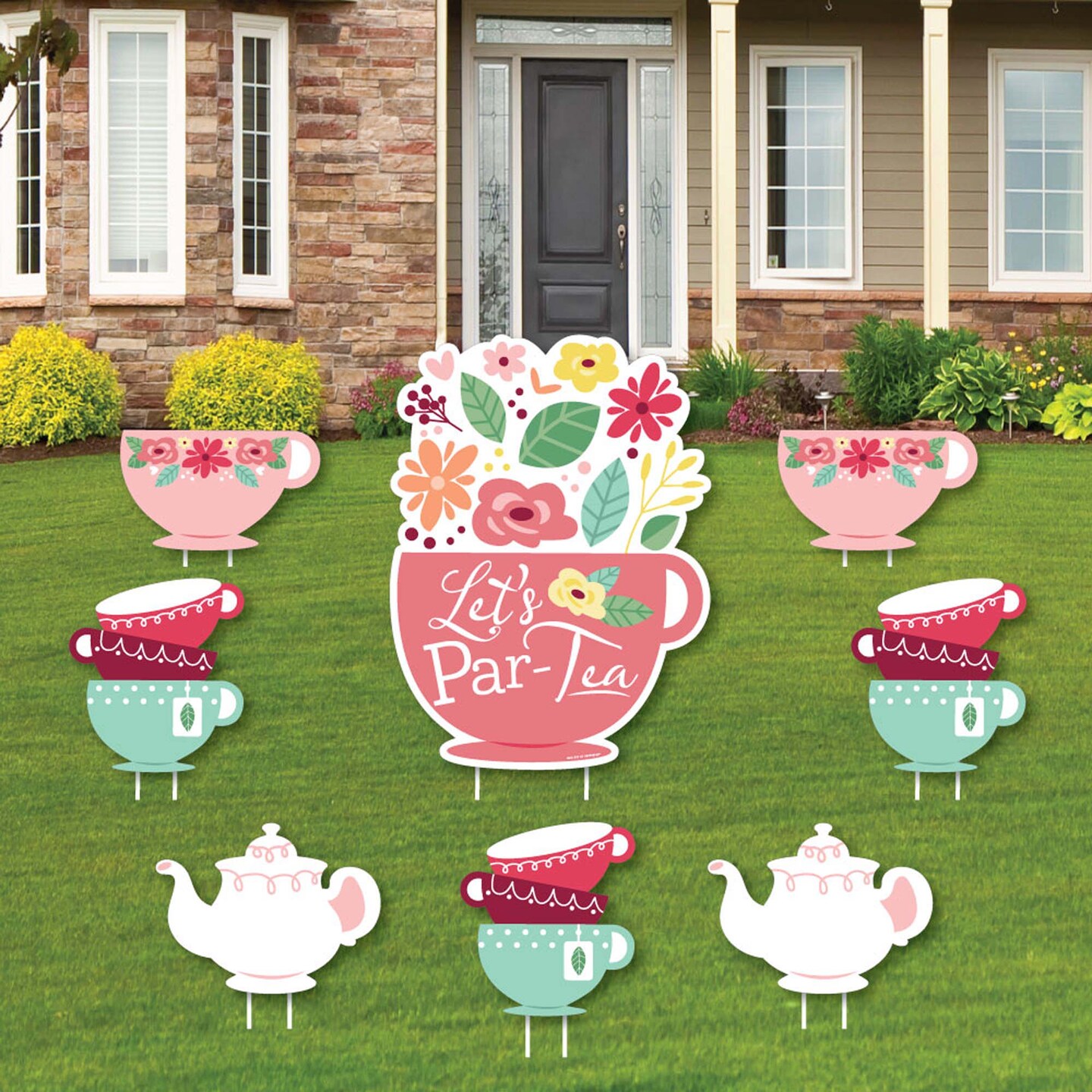 Big Dot of Happiness Floral Let&#x27;s Par-Tea - Yard Sign and Outdoor Lawn Decorations - Garden Tea Party Yard Signs - Set of 8