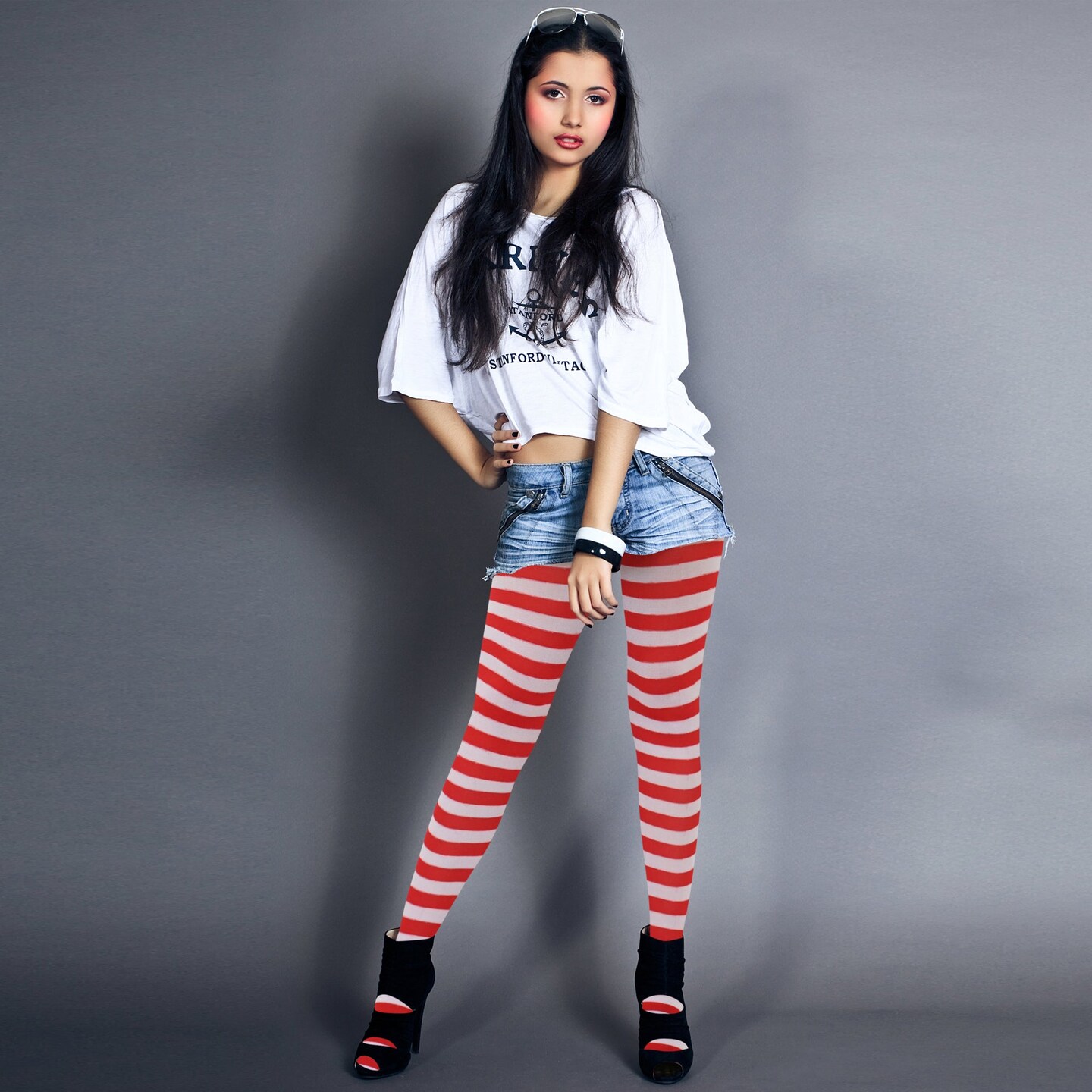 White and Red Tights - Striped Nylon Stretch Pantyhose Stocking Accessories  for Every Day Attire and Costumes for Teens and Kids