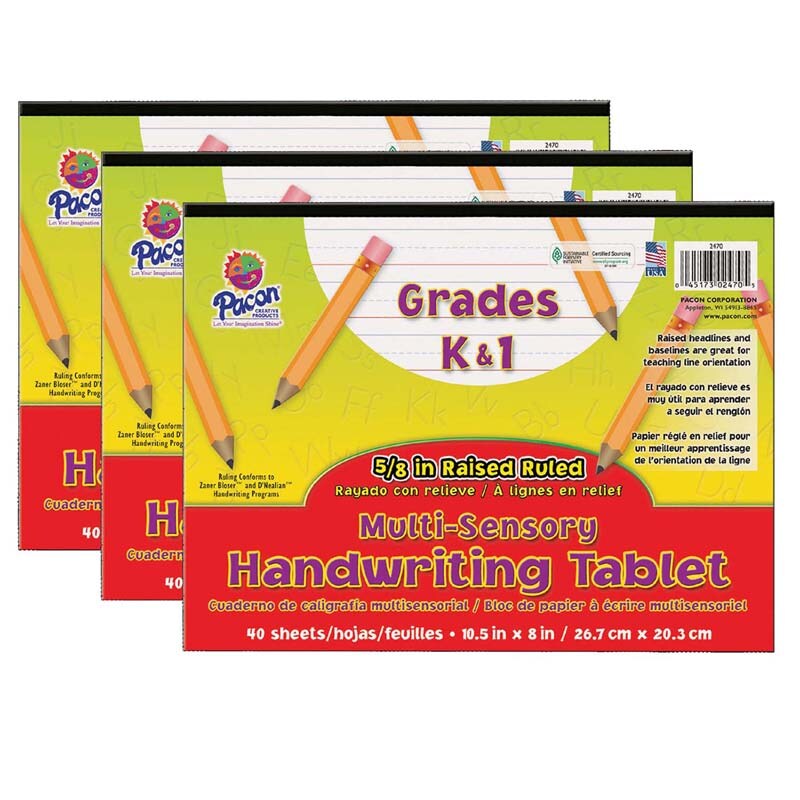Multi-Sensory Raised Ruled Tablet, Tape Bound, 5/8&#x22; x 5/16&#x22; x 5/16&#x22; Ruled Long, 10-1/2&#x22; x 8&#x22;, 40 Sheets, Pack of 3