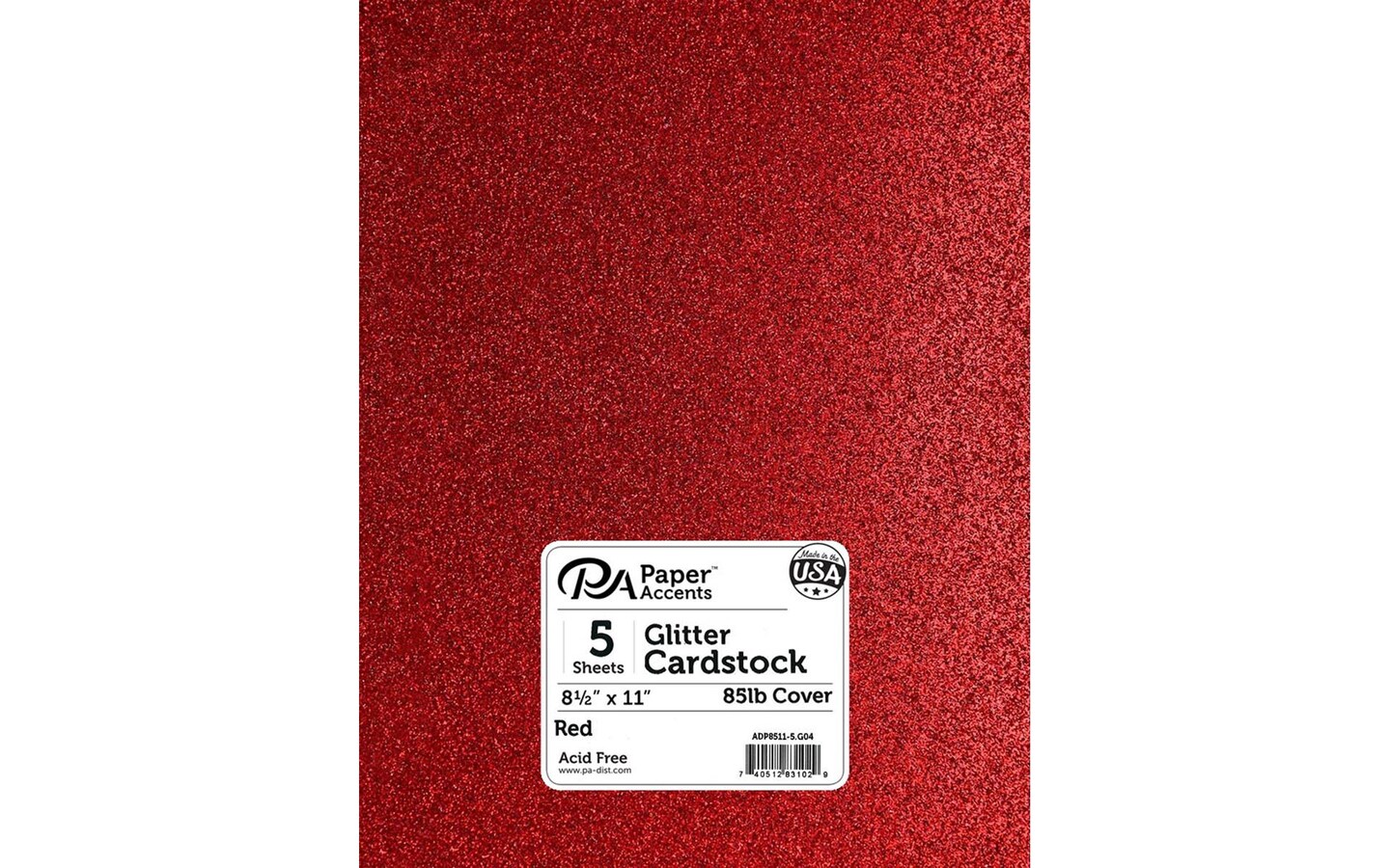 PA Paper Accents Glitter Cardstock 8.5&#x22; x 11&#x22; Red, 85lb colored cardstock paper for card making, scrapbooking, printing, quilling and crafts, 5 piece pack