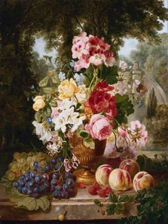 A Vase of Summer Flowers and Fruit Poster Print by William John Wainwright - Item # VARPDX3AA1094