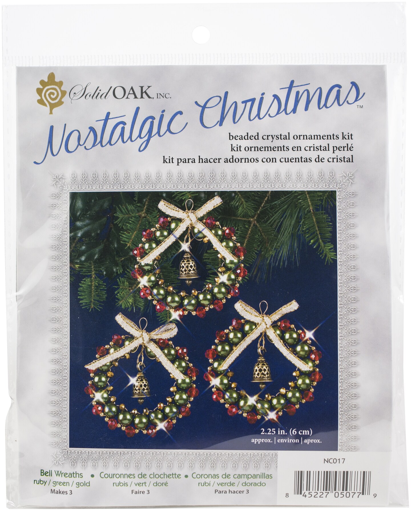 Solid Oak Nostalgic Christmas Beaded Crystal Ornament Kit-Ruby, Green &#x26; Gold Bell Wreaths