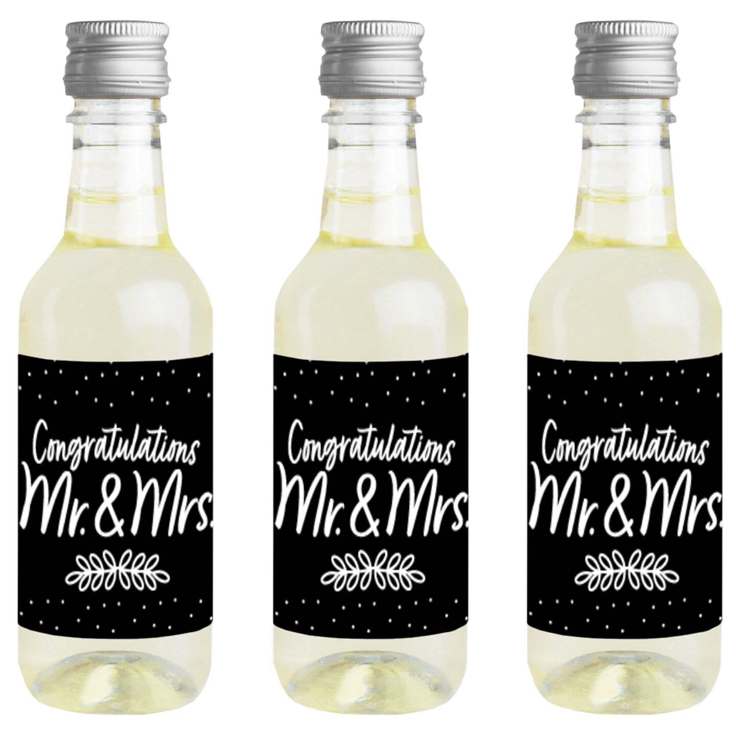 Big Dot of Happiness Mr. and Mrs. - Mini Wine & Champagne Bottle Label Stickers - Black and White Wedding or Bridal Shower Favor Gift - Set of 16