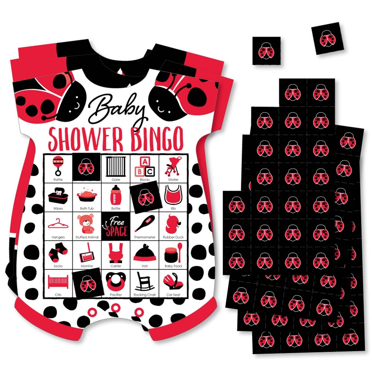 Big Dot of Happiness Happy Little Ladybug - Picture Bingo Cards and Markers - Baby Shower Shaped Bingo Game - Set of 18