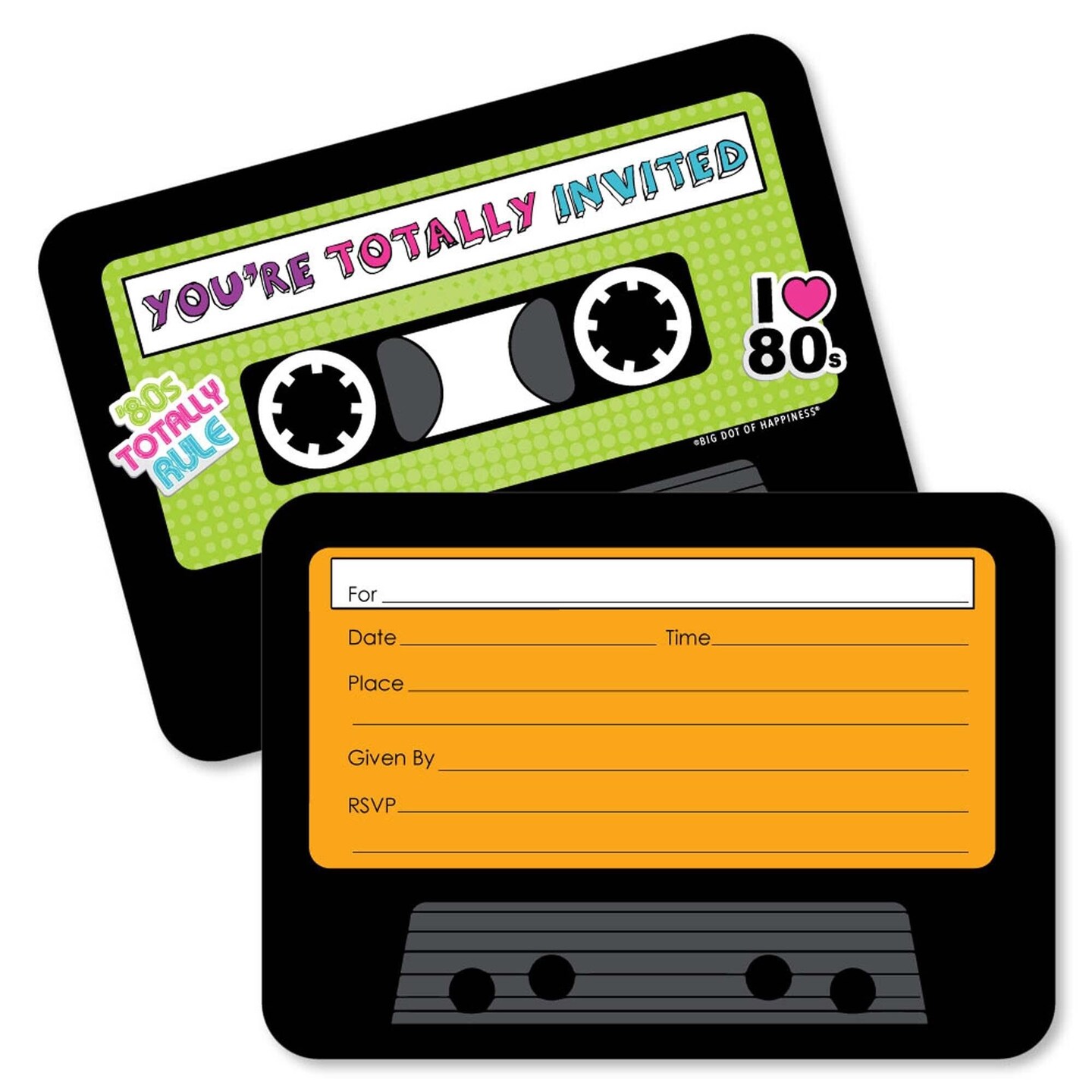 Big Dot of Happiness 80&#x27;s Retro - Shaped Fill-in Invitations - Totally 1980s Party Invitation Cards with Envelopes - Set of 12