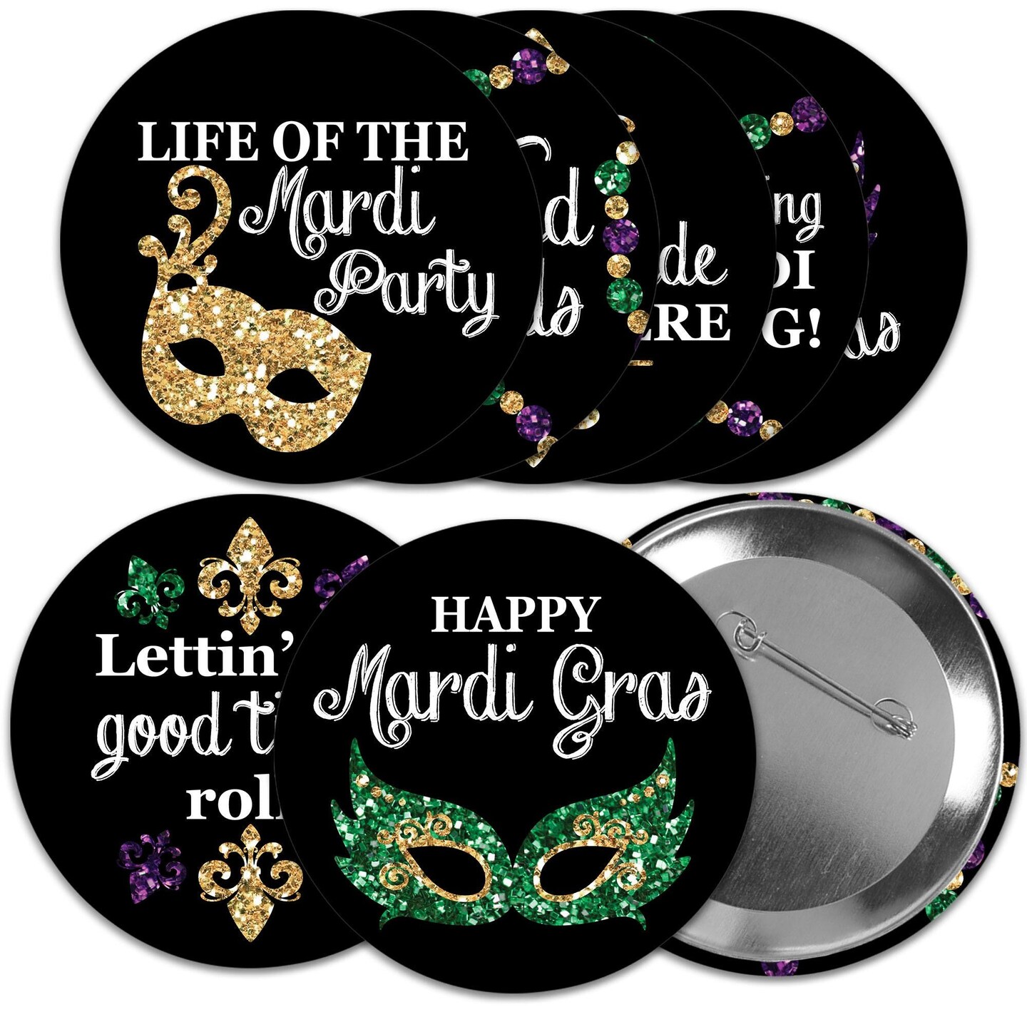 Big Dot of Happiness Mardi Gras - 3 inch Masquerade Party Badge - Pinback Buttons - Set of 8