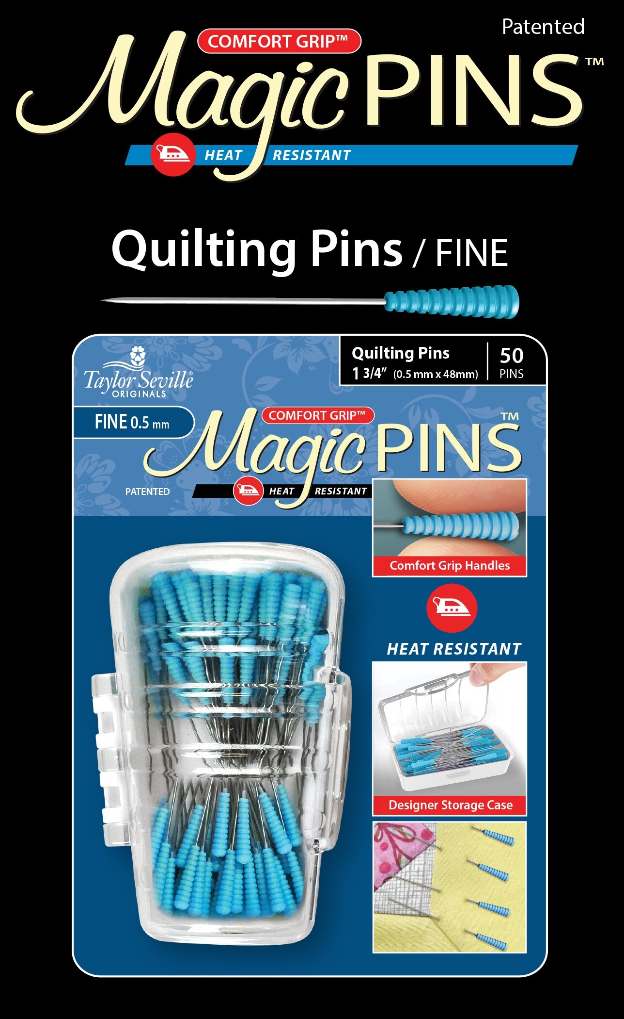 Taylor Seville Magic Pins - Quilting Fine-Blue 50/Pkg