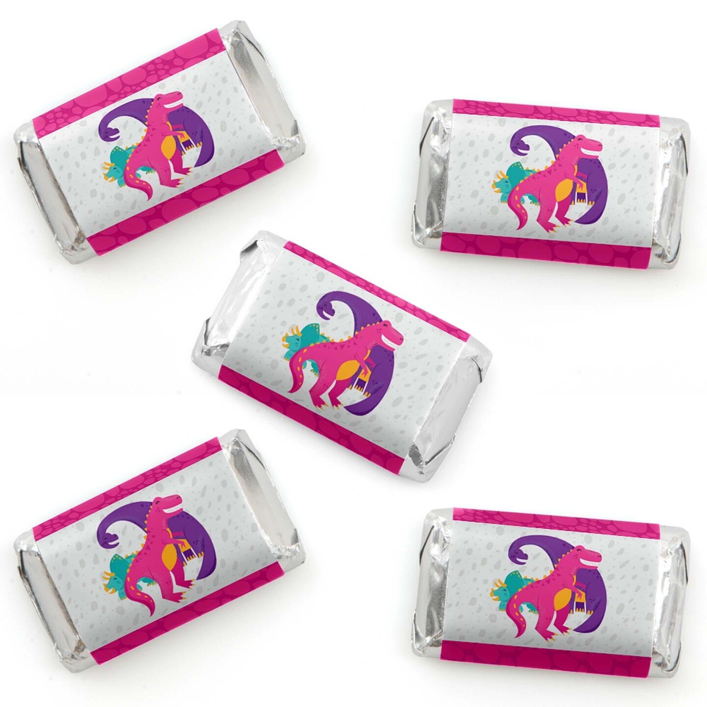 Big Dot of Happiness Roar Dinosaur Girl Mini Candy Bar Wrapper