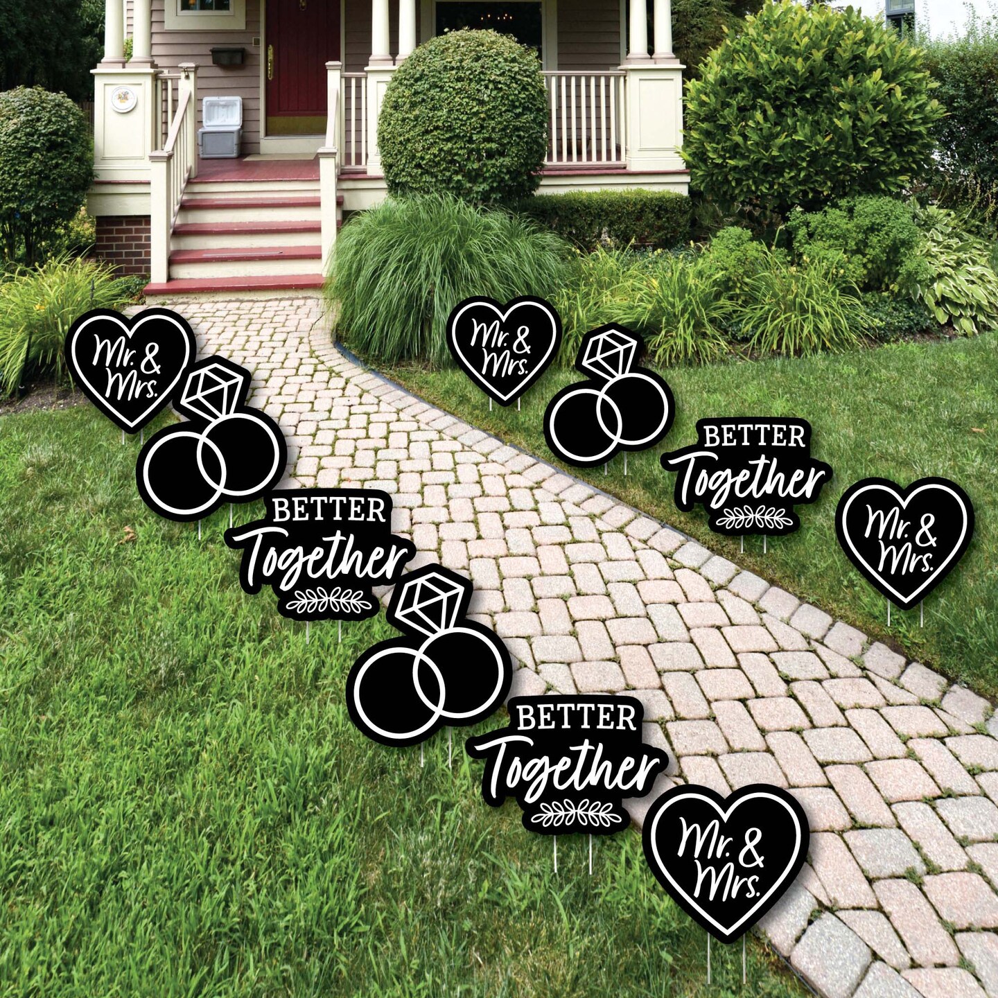 Big Dot of Happiness Mr. and Mrs. - Heart and Rings Lawn Decorations - Outdoor Black and White Wedding or Bridal Shower Yard Decorations - 10 Piece