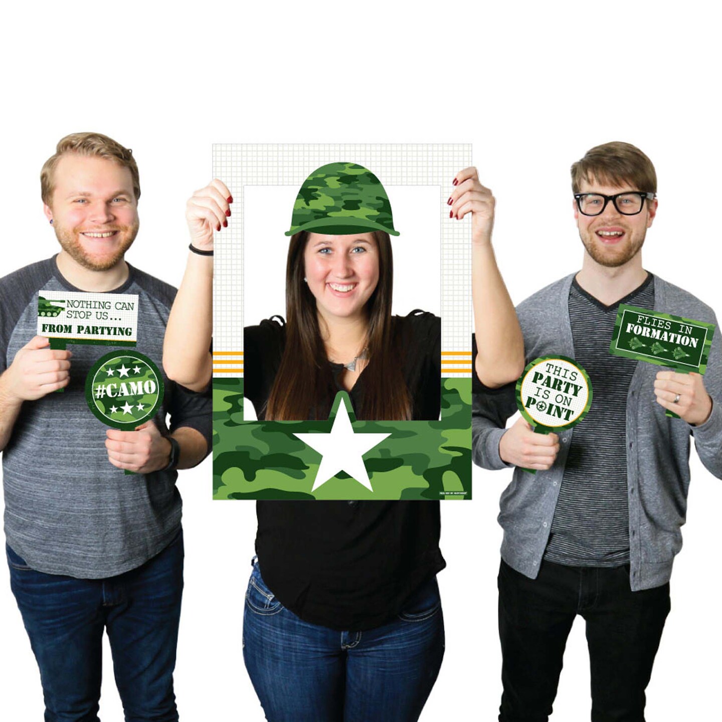 Big Dot of Happiness Camo Hero - Army Military Camouflage Party Selfie Photo Booth Picture Frame and Props - Printed on Sturdy Material