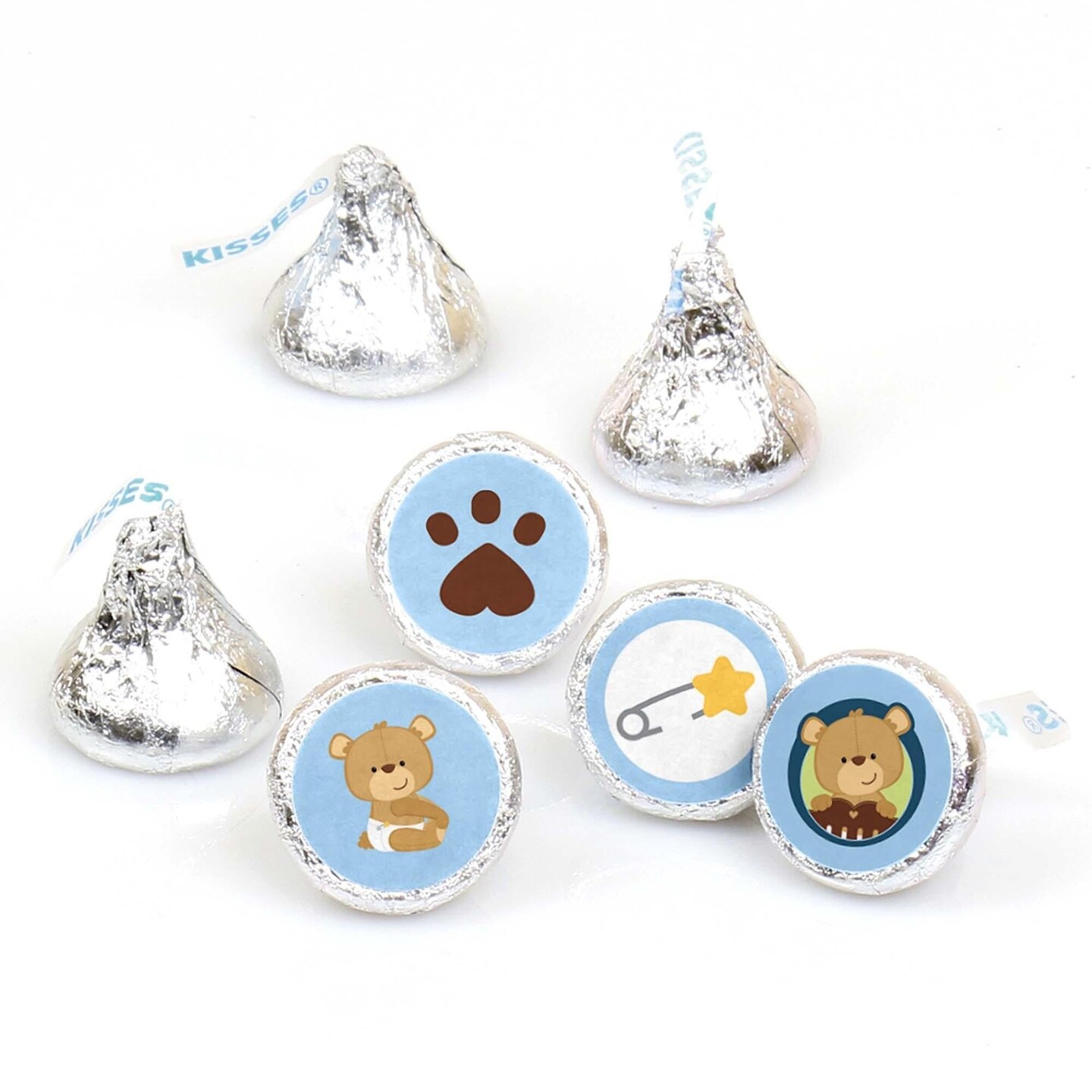 Big Dot of Happiness Baby Boy Teddy Bear - Baby Shower or Birthday Party Round Candy Sticker Favors - Labels Fits Chocolate Candy (1 sheet of 108)