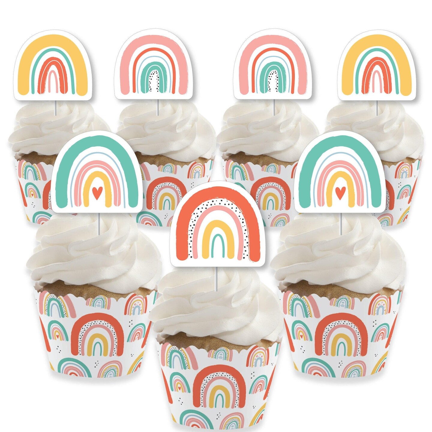 Big Dot of Happiness Hello Rainbow - Cupcake Decoration - Boho Baby Shower and Birthday Party Cupcake Wrappers and Treat Picks Kit - Set of 24