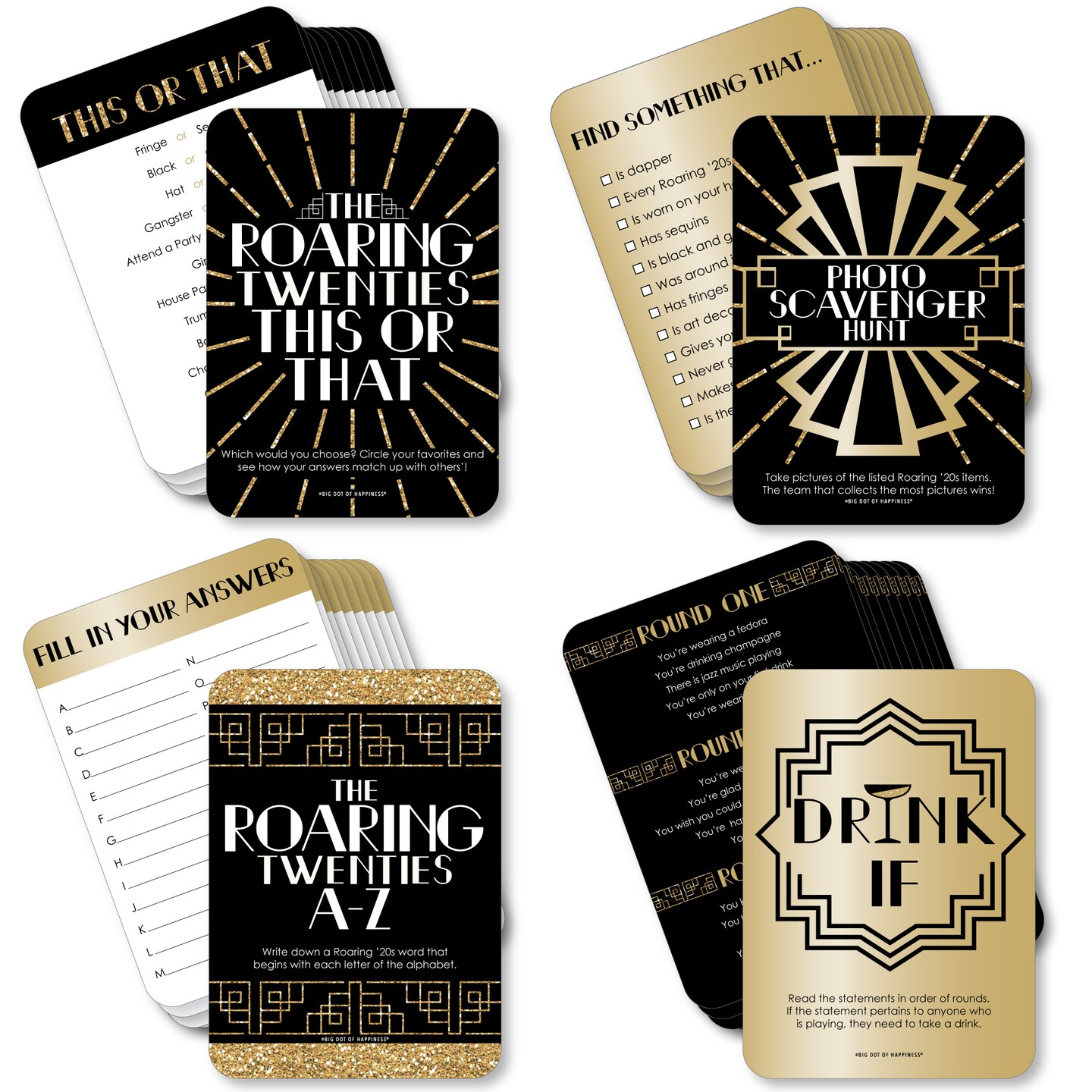 Big Dot of Happiness Roaring 20&#x2019;s - 4 1920s Art Deco Jazz Party Games - 10 Cards Each - Gamerific Bundle