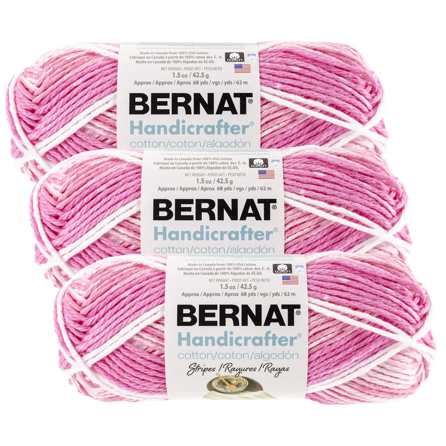 (Pack of 3) Bernat Handicrafter Cotton Yarn - Stripes-Pinky