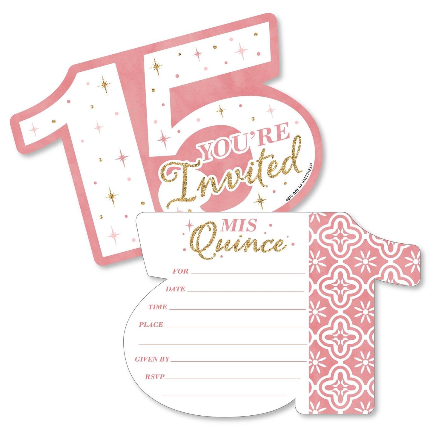 Big Dot of Happiness Mis Quince Anos - Shaped Fill-in Invitations - Quinceanera Sweet 15 Birthday Party Invitation Cards with Envelopes - Set of 12