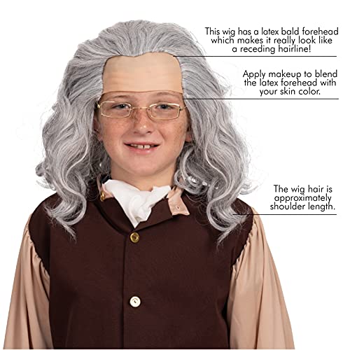 Grey Benjamin Franklin Wig - Receding Hairline Old People Senior Citizen Gray Balding Costume Wigs Dress Up Accessories Head Cap