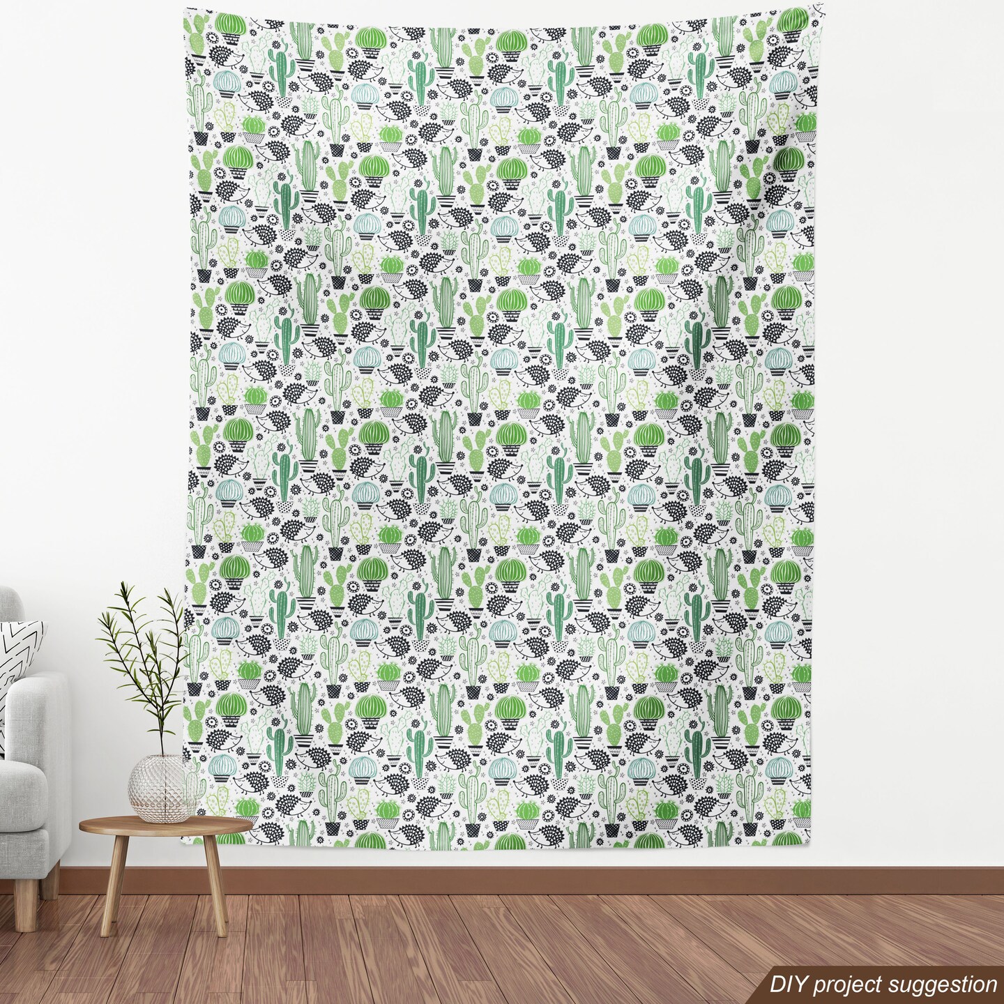 Ambesonne Cactus Fabric by The Yard, Cartoon Style Inspired Drawing of Hedgehog Animals Saguaro and Prickly Pear, Decorative Fabric for Upholstery and Home Accents, White Green