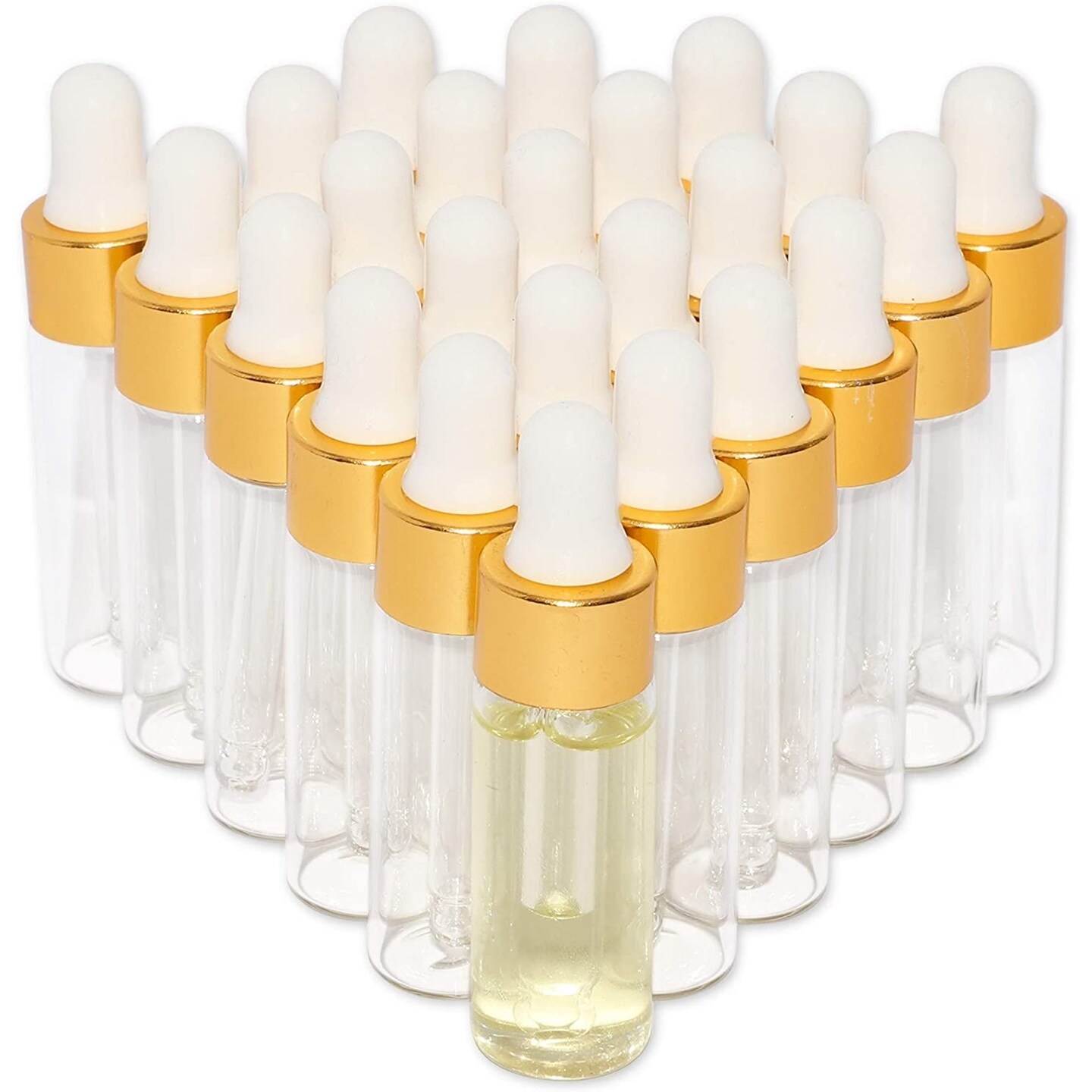 24 Pack 5ml Mini Glass Eye Dropper Bottles for Essential Oils, Travel Aromatherapy Perfume, Liquid Cosmetics (Gold)