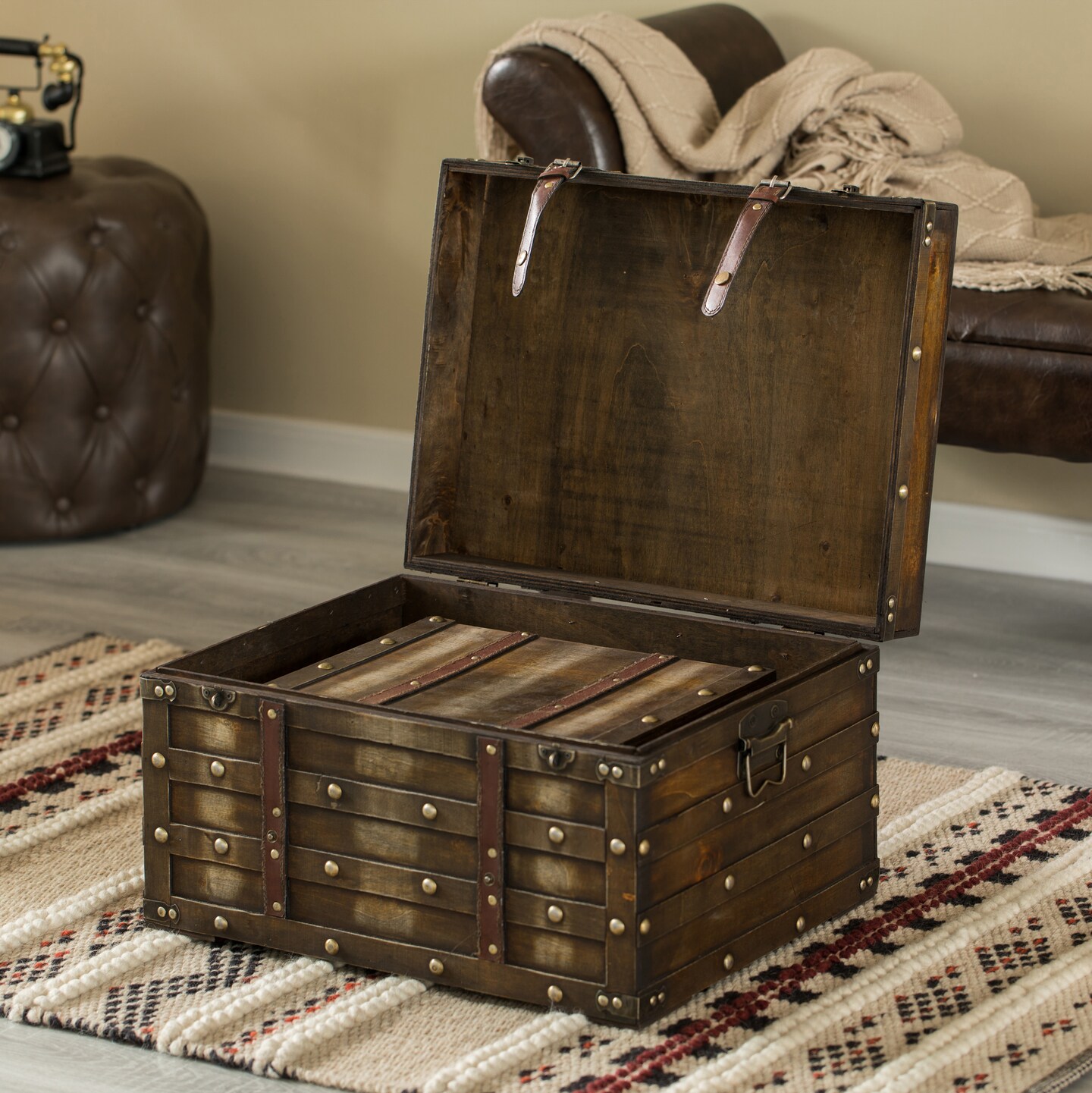 Wooden Brown Storage Trunk with Faux Leather Straps and Handles