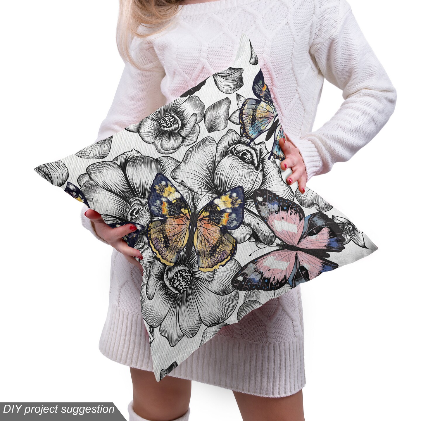 Ambesonne Butterfly Fabric by The Yard, Monarch Butterflies on Hand Drawn Flowers Nostalgic Retro Style Pattern, Decorative Fabric for Upholstery and Home Accents, 5 Yards, Grey Pink