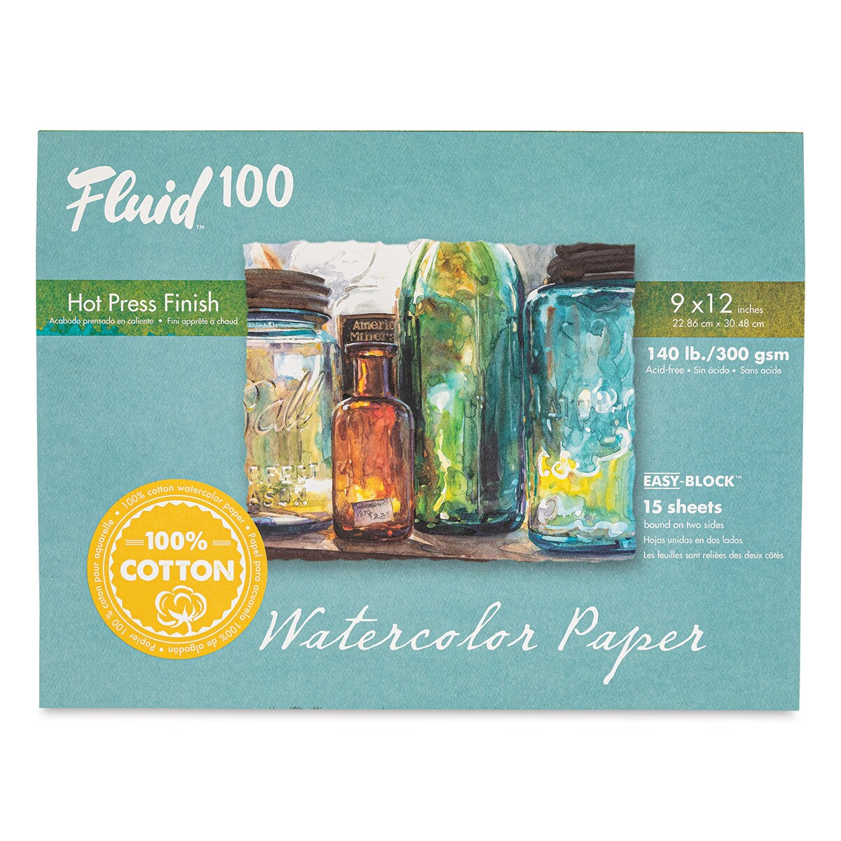 Fluid 100 Watercolor Paper Block - 9" x 12", Pkg of 15 Sheets, 140 lb ...