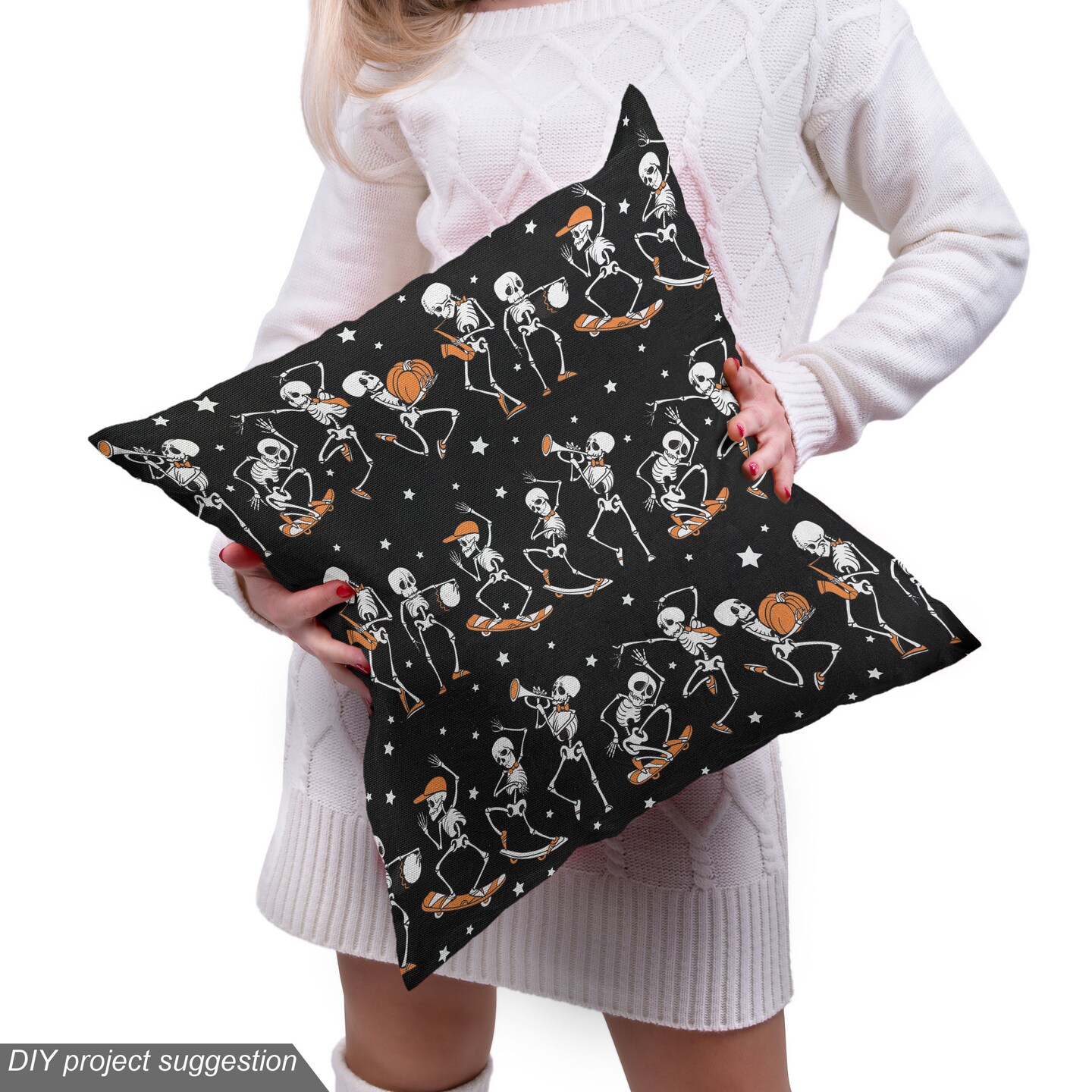 Ambesonne Halloween Fabric by The Yard, Skeletons with Pumpkins Skating Musician on Dark Background, Decorative Fabric for Upholstery and Home Accents, 1 Yard, Charcoal Grey