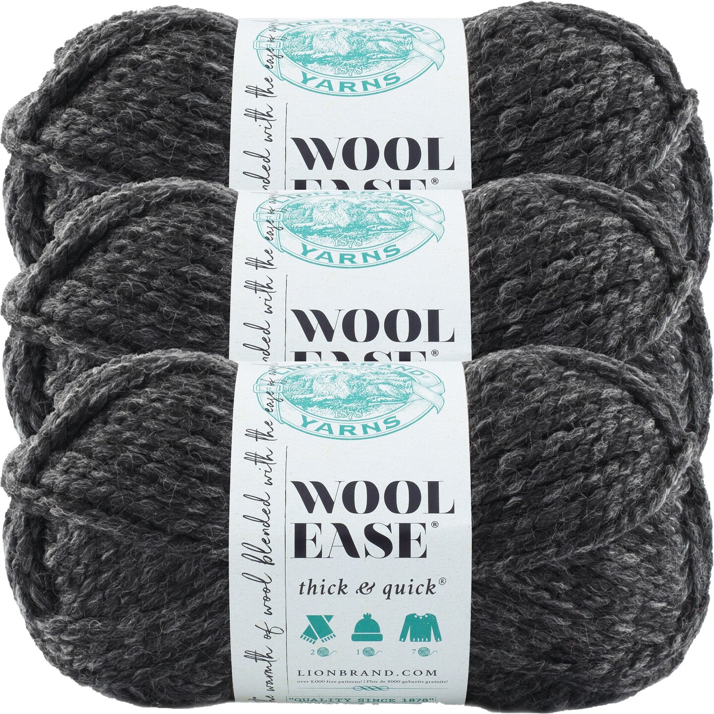 (3 Pack) Lion Brand Wool-Ease Thick &#x26; Quick Yarn - Charcoal