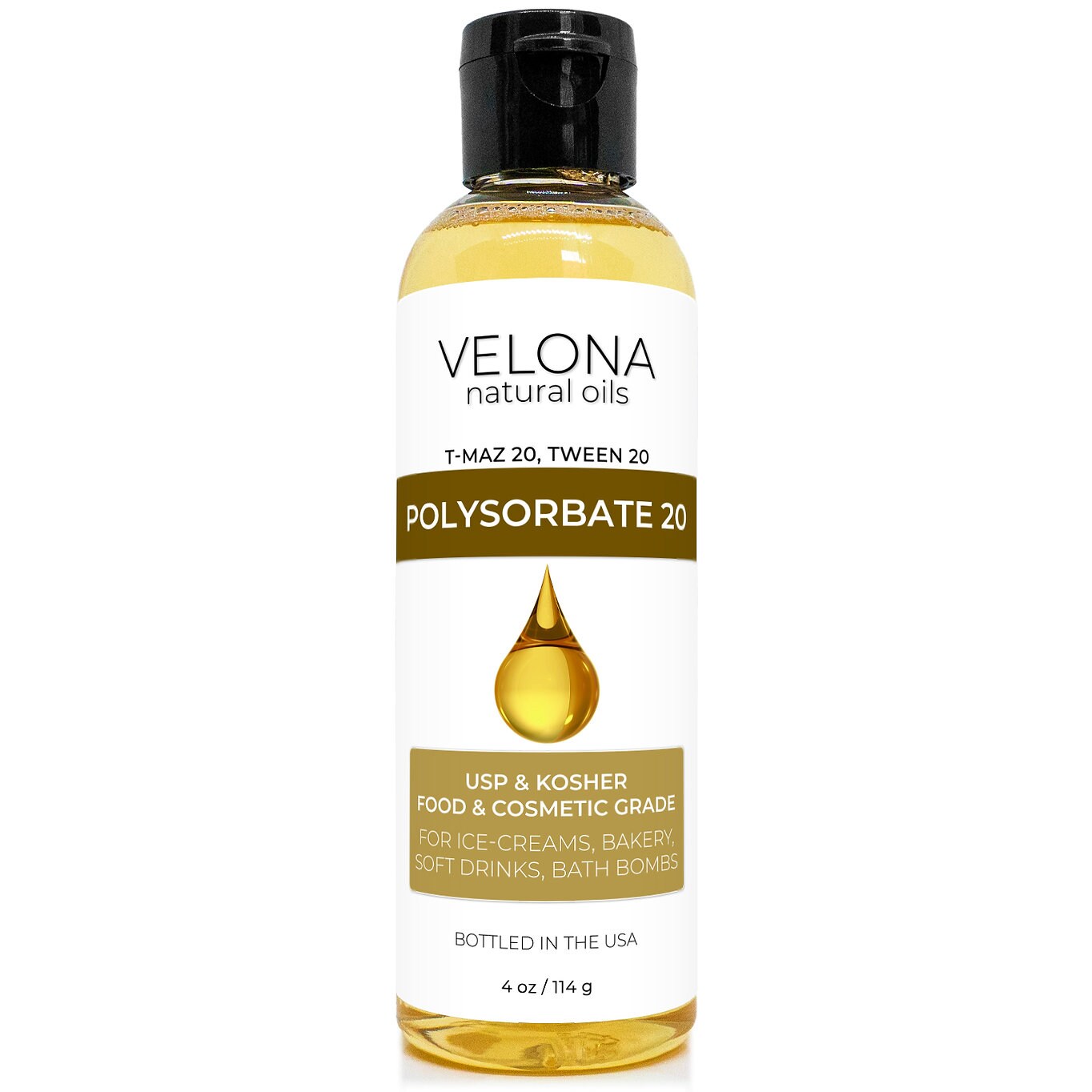 Polysorbate 20 by Velona - 4 oz | Solubilizer, Food &#x26; Cosmetic Grade | All Natural for Cooking, Skin Care and Bath Bombs | Use Today - Enjoy Results
