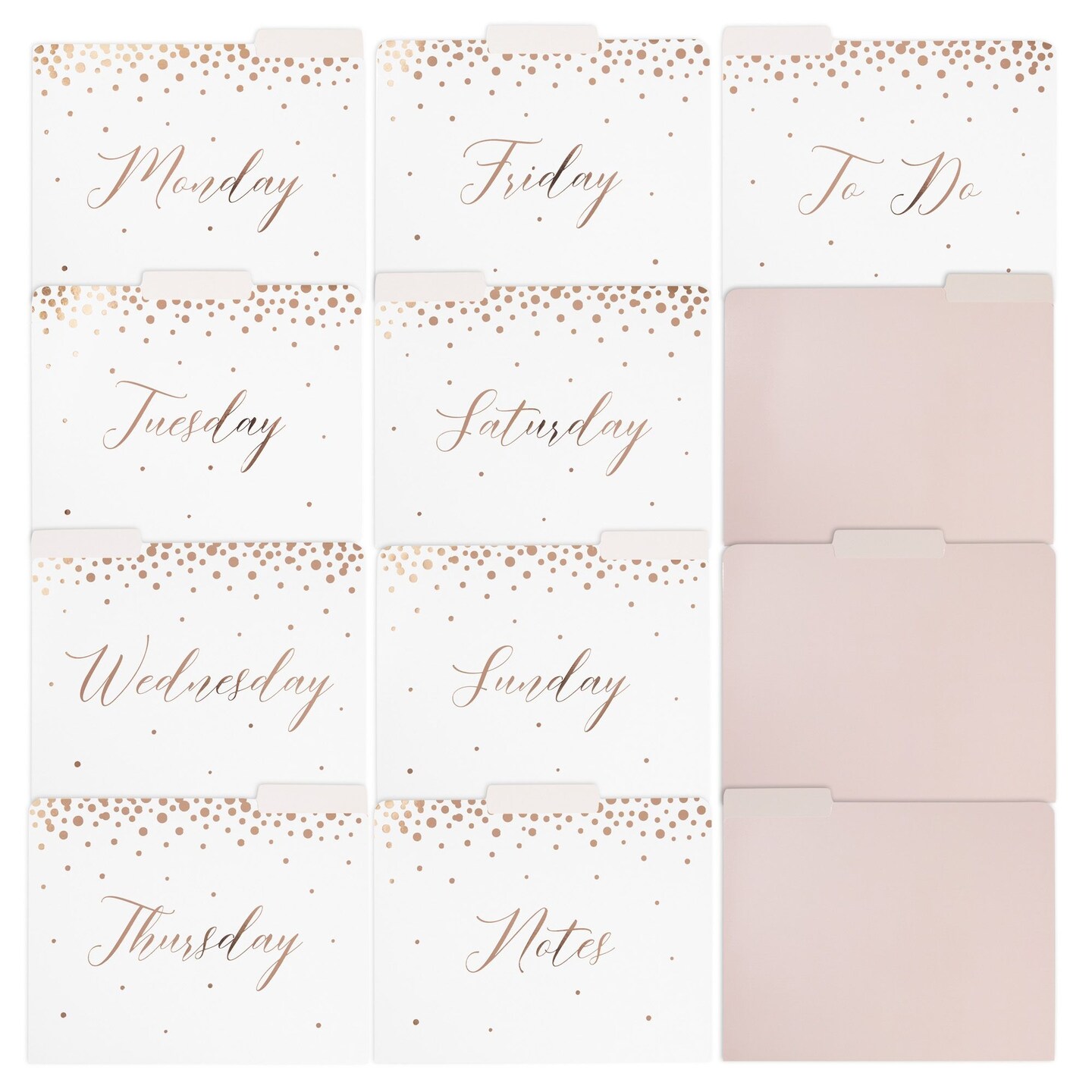 12 Pack Rose Gold Day of The Week Decorative File Folders with Monday to Sunday, To Do, Notes, and Blank Folders, Letter Size (9 x 11.5 In