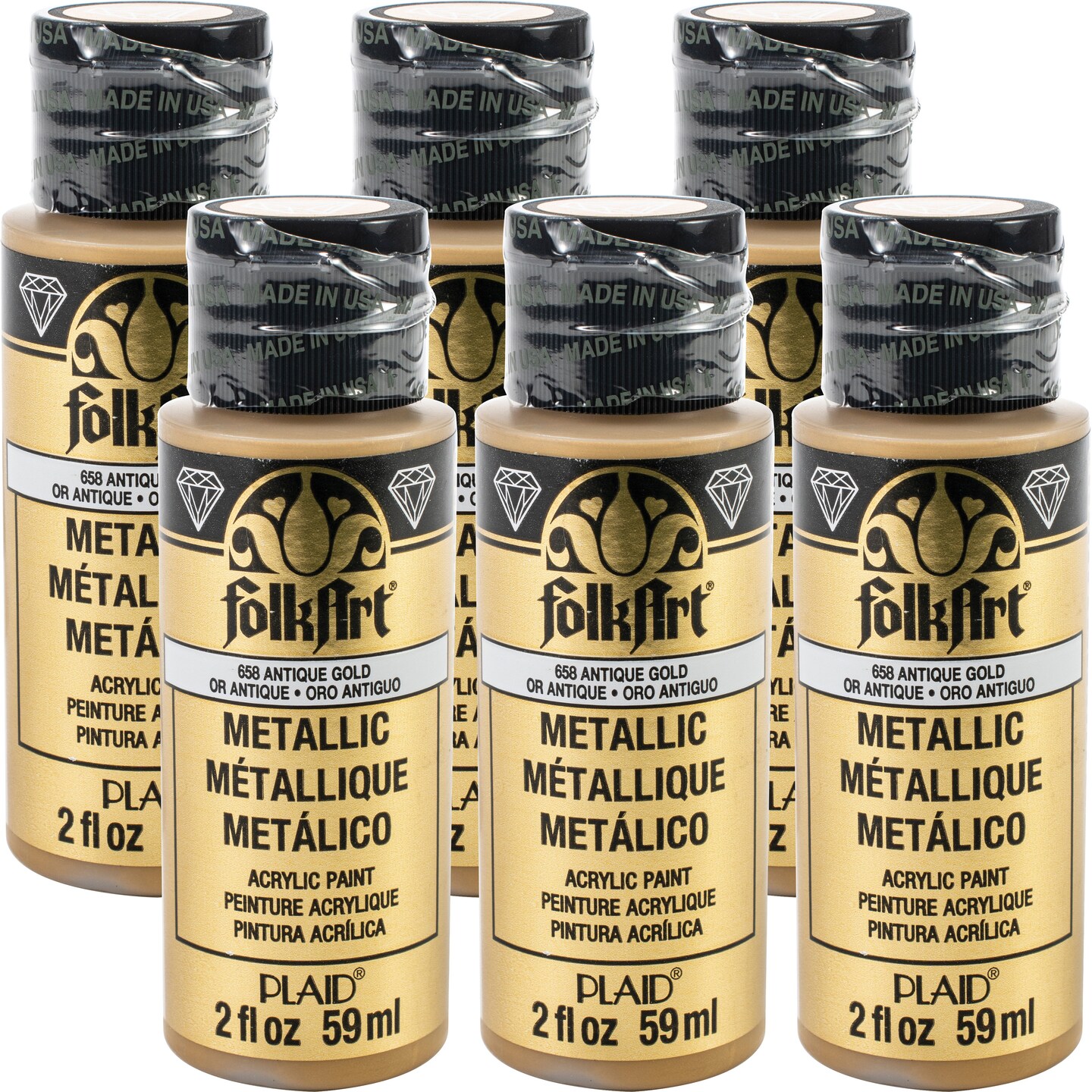 Multipack of 6 - FolkArt Metallic Acrylic Paint 2oz-Antique Gold