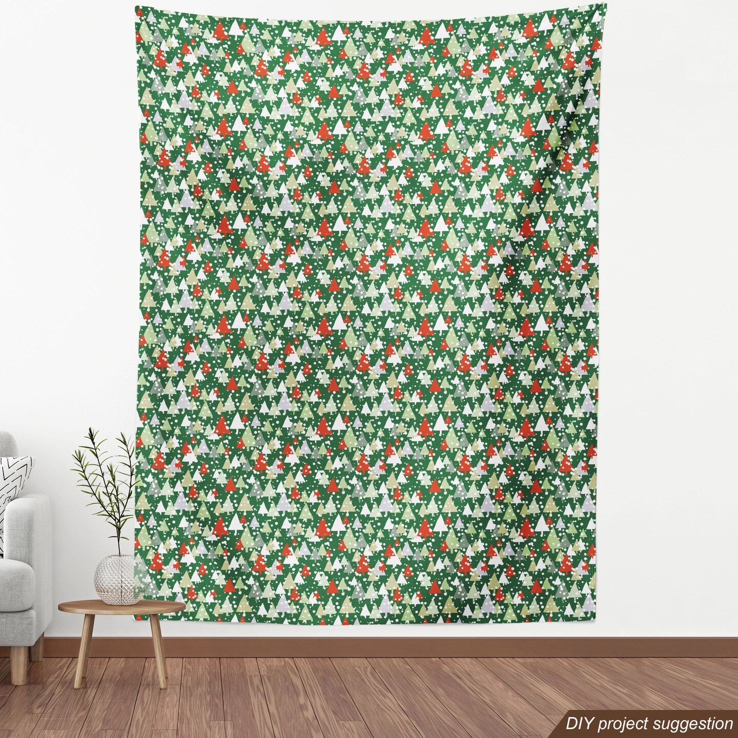 Ambesonne Winter Fabric by The Yard, Christmas Forest with Pine Trees Snowing Silhouette Style Pattern, Decorative Fabric for Upholstery and Home Accents, 1 Yard, Emerald Vermilion