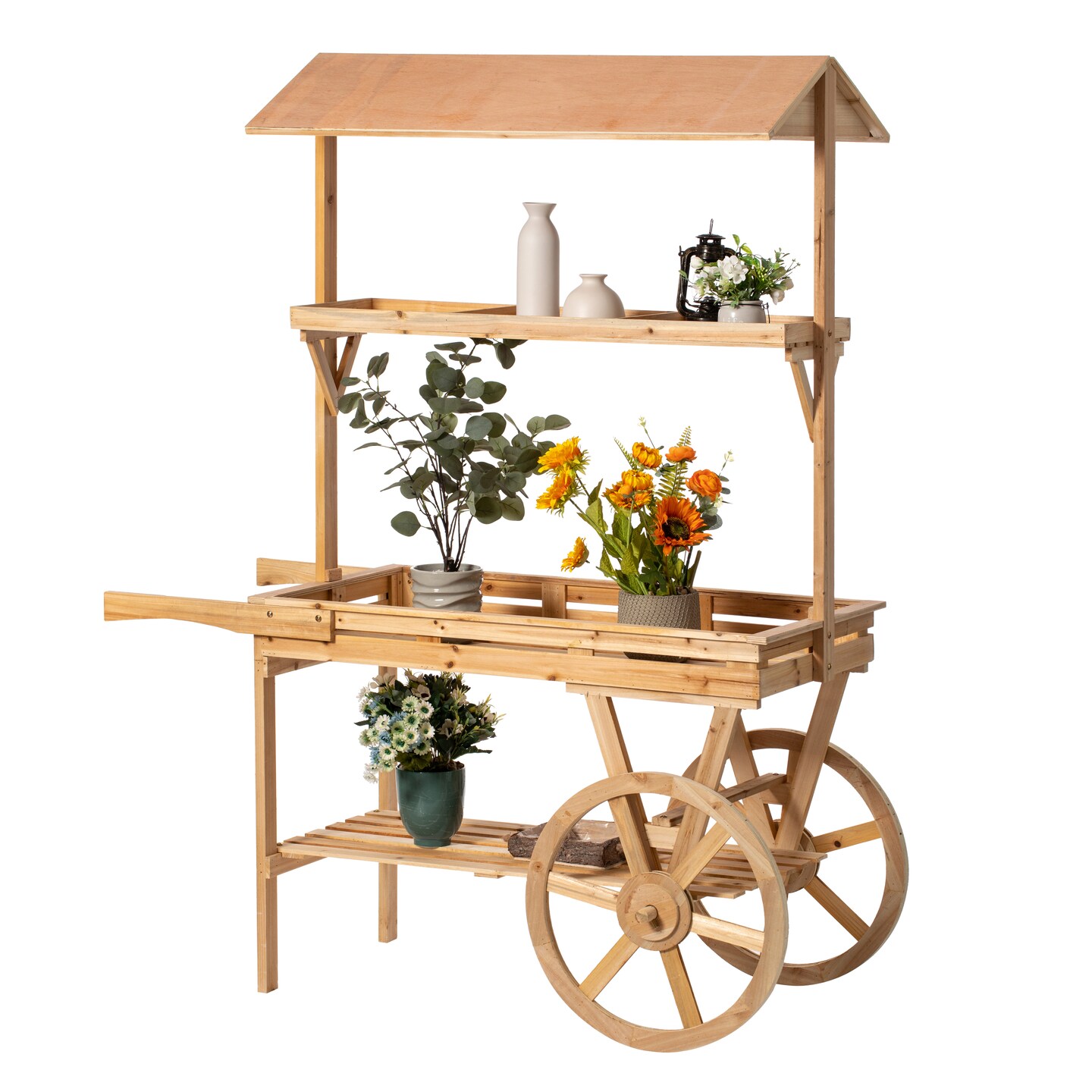 Large Wooden 3 Tier Rolling Table Cart with 2 Wheels for Home Decor Modern Wagon with Shelves for Display Rack, Coffee Station, Food Stand, Beverage Bar, and Tea Stall