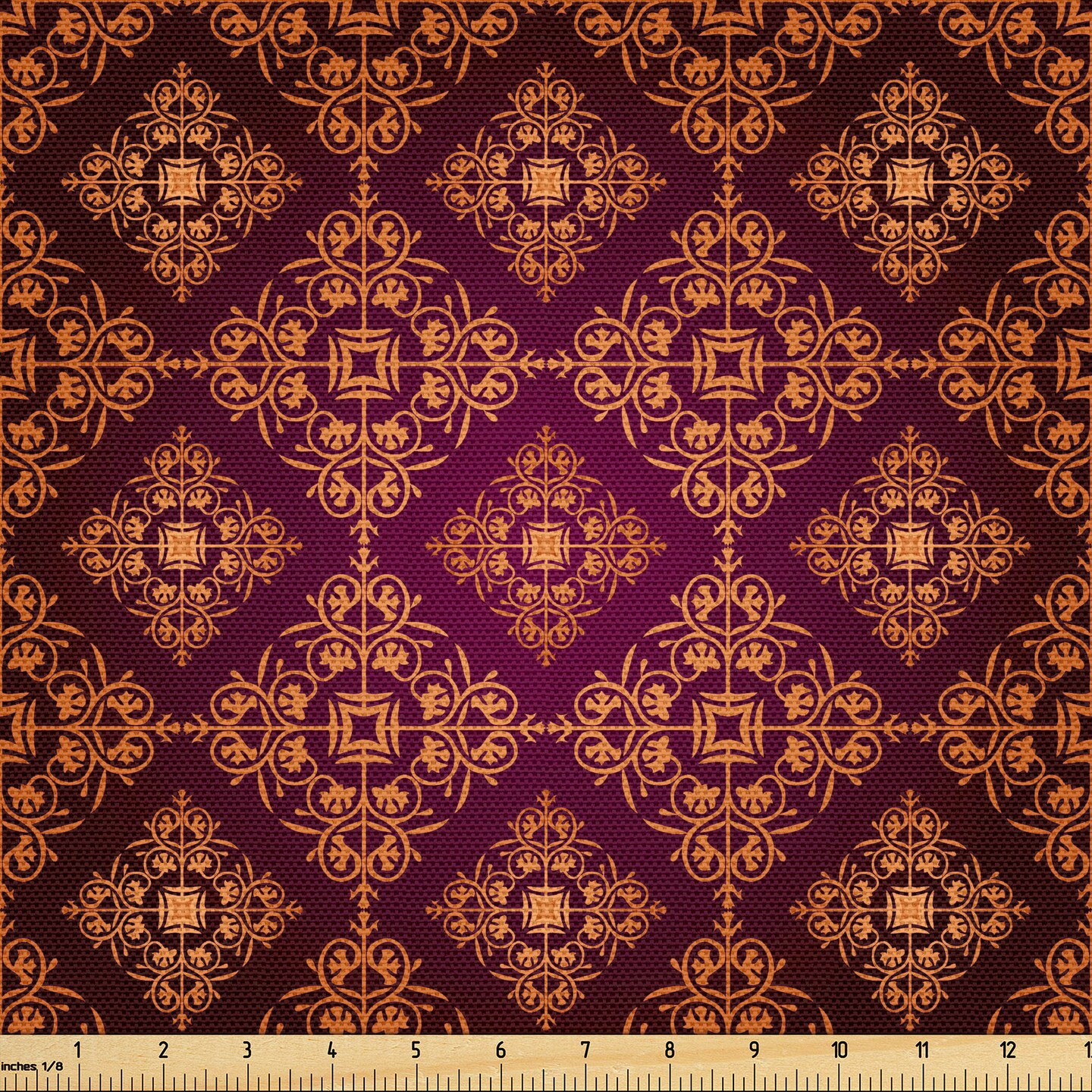 Ambesonne Damask Fabric by The Yard, Abstract Floral Pattern with Medieval Design Ornamental Victorian Image, Decorative Fabric for Upholstery and Home Accents, 3 Yards, Magenta Orange