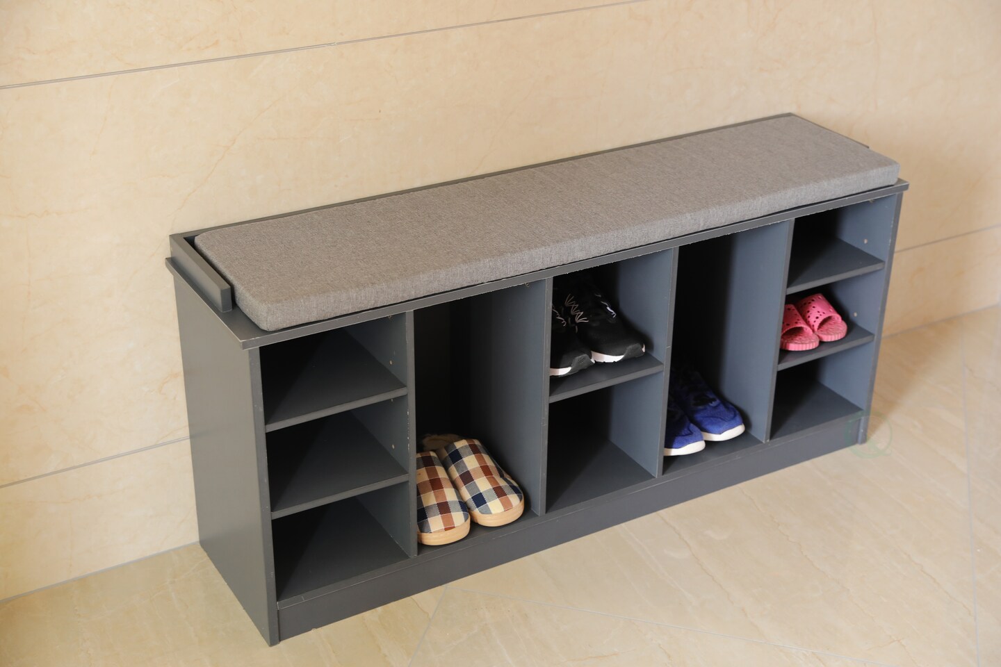 Wooden Shoe Cubicle Storage Entryway Bench with Soft Cushion for Seating