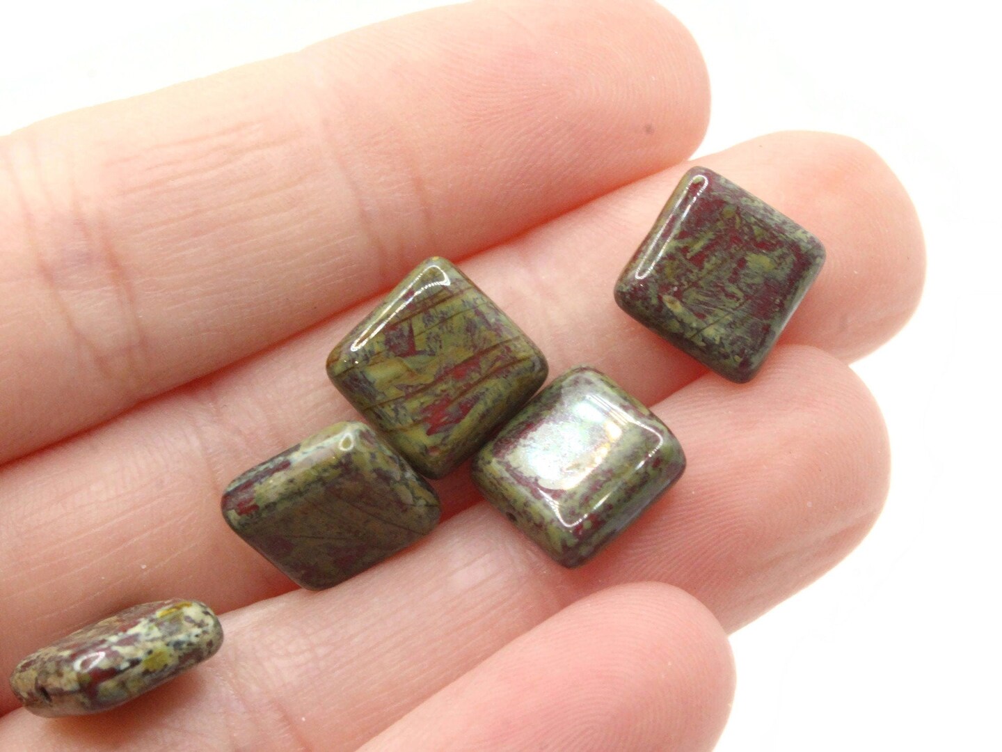 10 10mm Green, Red and Cream Square Glass Stone Look Beads