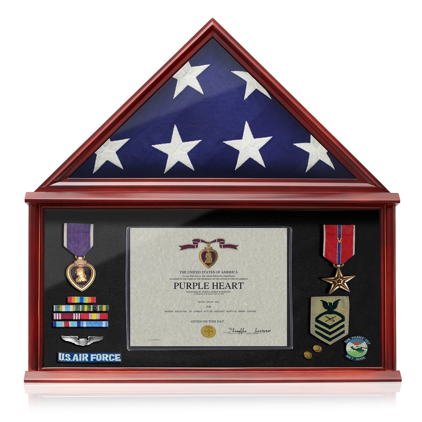 Reminded Large Military Shadow Box Memorial Flag Display Case fits 5&#x27; x 9&#x27; Flag, Solid Wood Mahogany Finish