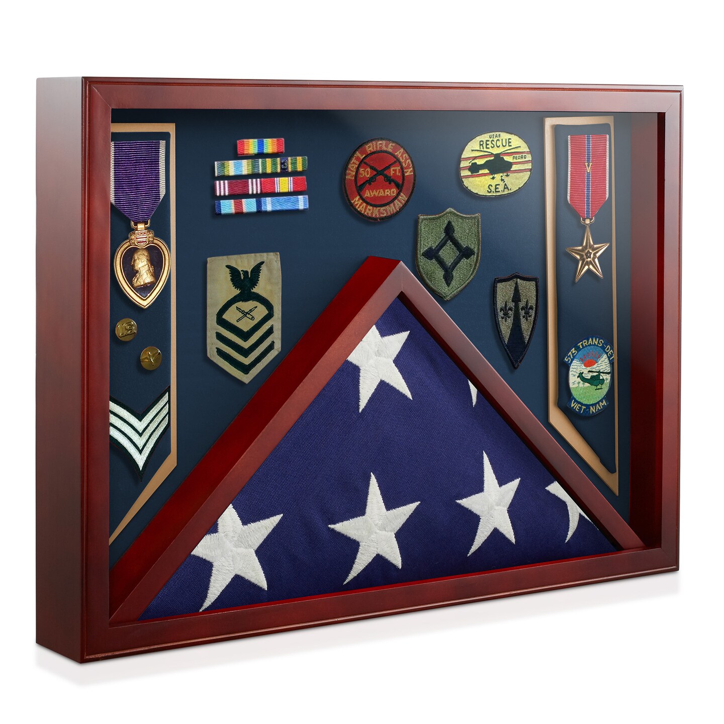 Reminded Military Shadow Box Display Case for Medals & Burial Flag - Solid Wood Cabinet with Velvet Insert