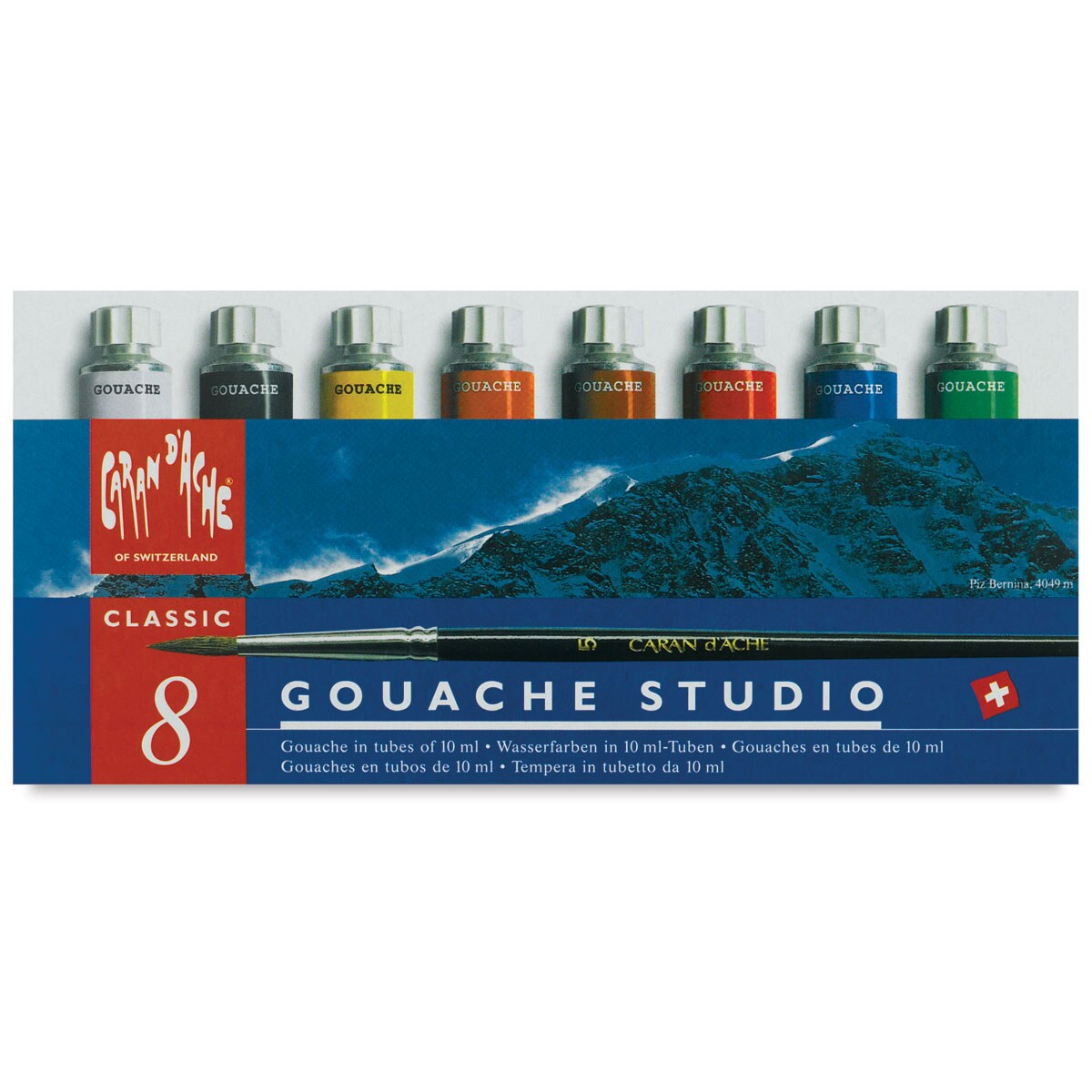Caran d'Ache Gouache - Set of 8 with Brush, Assorted Colors, 10 ml Tubes